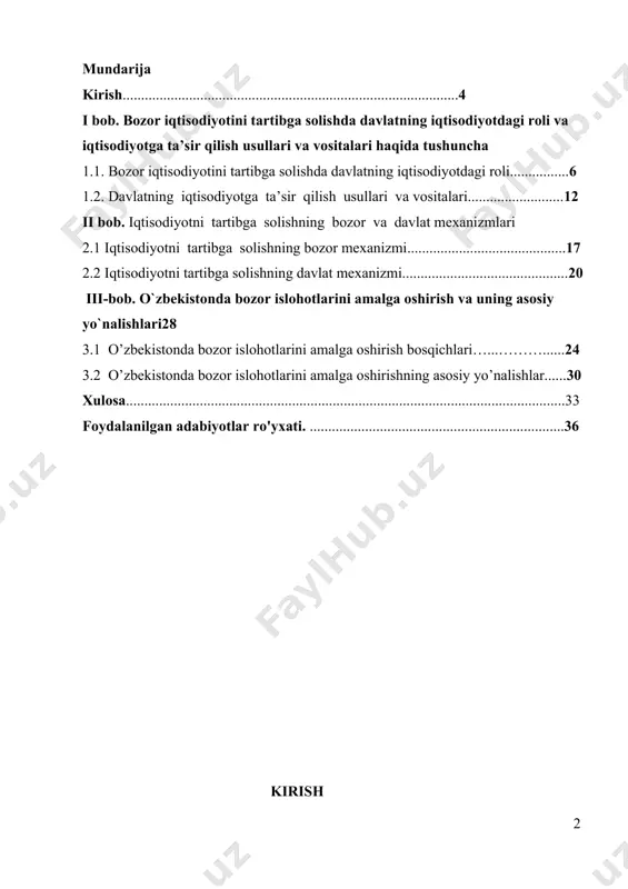 yotida mavjud bo'lgan eng progressiv va istiqbolli tizimdir. bozor iqtisodiyotining asosini tovar ishlab chiqarish tashkil etadi, chunki bu yerda natural xo'jalik emas, balki tovar xo'jaligi hukmron bo'ladi. yaratilgan mahsulotlar va xizmatlar tovar shakliga ega bo'ladi, ya'ni ular bozorda oldi-sotdi qilish uchun yaratiladi. bozor iqtisodiyotiga barter emas, balki tovar ayirboshlash, ya'ni oldi-sotdi yuritish xos. shu bois natural iste'mol o'rniga tovar iste'moli ustuvorlik qiladi. bozor iqtisodiyoti iqtisodiy liberalizm, ya'ni erkinlik, mulkiy erkinlik va xo'jalik yuritish erkinligiga asoslanadi. “bozor iqtisodiyotida yakka tartibda, o'z mulki va mablag'iga tayangan holda, korporativ, sherikchilik asosida yer, bino, inshootlar, mashinalarni ijaraga olish, pulni qarzga ko'tarib ish yuritish usullari mavjud bo'ladi. bozordagi narx talabdan kelib chiqqan holda talab — taklif nisbati asosida shakllanadi. bozor iqtisodiyoti iqtisodiy sub'yektlar alohidalashganidan ular manfaati to'qnashadi va shunday sharoitda raqobat paydo bo'ladi. raqobat bozor iqtisodiyotini harakatga soluvchi kuch, uning rivojlanishini ta'minlovchi mexanizm hisoblanadi. bozor iqtisodiyoti boshqarishning iqtisodiy usullariga tayanadi. bozor mexanizmi iqtisodiy rag'batlantirish mexanizmi …
