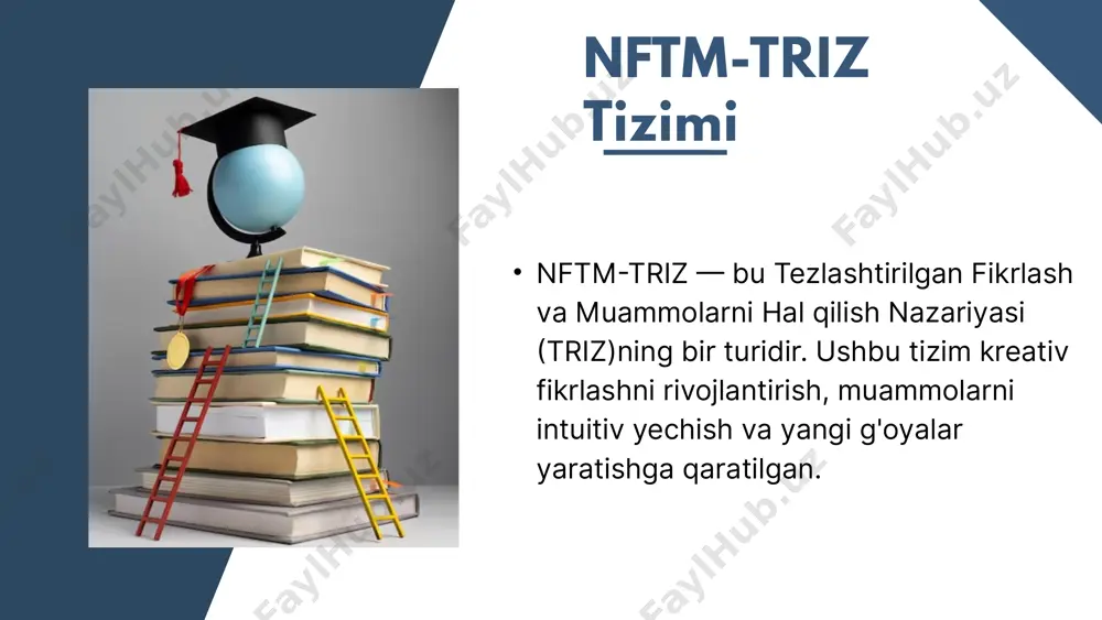 ni aniq shakllantirish va asosiy muammolarni belgilash. afzalliklari 2, tezkor prototiplash va fikrlar sinovini amalga oshiradi. foydalanuvchining ehtiyojlarini markaziy o‘ringa qo‘yadi. nftm-triz va dizayn fikrlash o‘rtasidagi bog‘liqlik har ikkisi ham ijodiy yondashuvni faollashtirishga xizmat qiladi. triz texnikalari muammolarni yechishning texnik va tizimli tomonlariga qaratilgan bo‘lsa, dizayn fikrlash inson markazidagi echimlarni ishlab chiqishga urg‘u beradi. ular birgalikda ishlatilganda texnik va ijtimoiy muammolarni hal qilishda kompleks yondashuv yaratadi. etiboringiz uchun raxmat 01. solution lorem ipsum dolor sit amet, consectetur adipiscing elit, sed do eiusmod tempor incididunt 02. solution lorem ipsum dolor sit amet, consectetur adipiscing elit, sed do eiusmod tempor incididunt 03. solution image1.jpeg image2.png image3.svg image3.png image4.png image5.png image6.png image7.png image8.png /docprops/thumbnail.jpeg