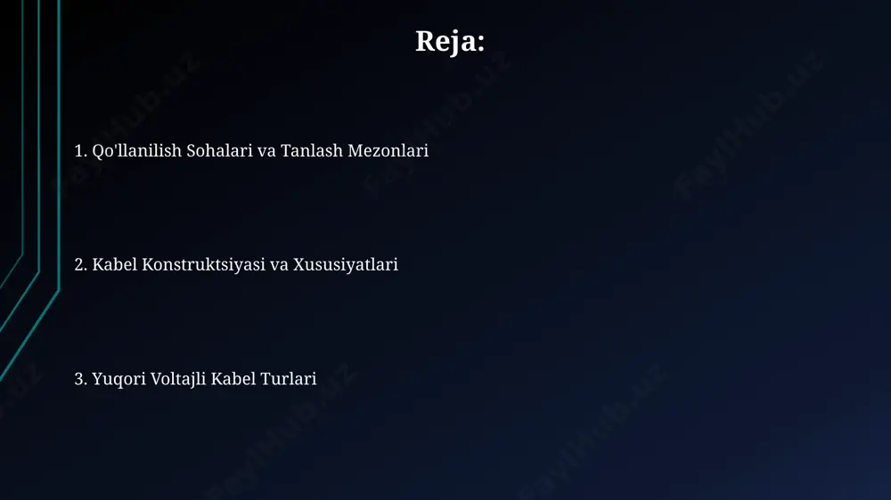 bo'ladi. ekranlangan simlar, yuqori chastotali uzatish liniyalarida qo'llaniladi va 10 kv dan yuqori kuchlanishlarni uzatishda elektromagnit shovqinlarni kamaytirish uchun maxsus ekranlash materiallari bilan himoyalangan bo'ladi. suv osti simlari kabelning diametri va o'tkazuvchanlik qobiliyati (masalan, 200 mm² yoki undan yuqori) suv osti simlarining o'tkazuvchanlik qobiliyatini va energiya uzatish samaradorligini belgilaydi. yuqori kuchlanishli suv osti simlari, odatda, 110 kv dan 500 kv gacha bo'lgan kuchlanish darajalarida ishlatiladi va maxsus polietilen yoki xloropren kauchuk izolyatsiyasi bilan himoyalanadi. krosslangan simlar ushbu simlarning o'tkazuvchanligi mis yoki alyuminiydan tayyorlangan bir nechta simlardan iborat bo'lib, ularning diametri 20 mm dan 50 mm gacha o'zgarishi mumkin. krosslangan simlar, yuqori kuchlanishli uzatish liniyalarida 110 kv dan 500 kv gacha bo'lgan kuchlanishlarda qo'llaniladi va mexanik mustahkamligi yuqori bo'lgan polietilen yoki kauçuk izolyatsiyasiga ega. e'tiboringiz uchun rahmat @taqdimot_robot image1.jpg image2.jpg image3.jpg image4.jpg image5.jpg image6.jpg image7.jpg