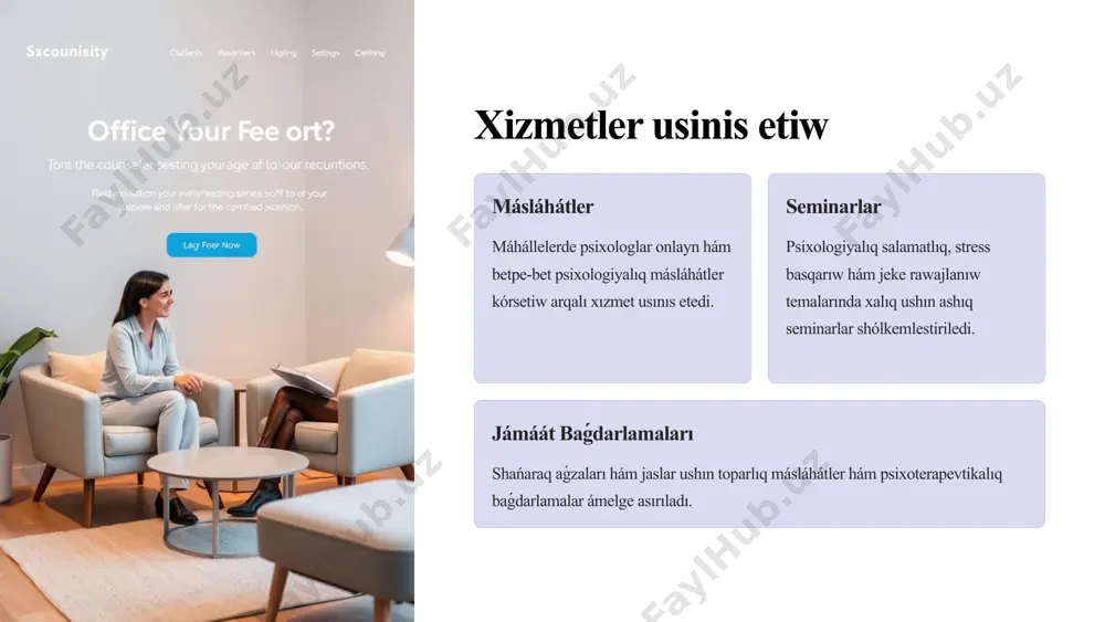 rawajlanıwı baǵdarlamaları: hayal-qızlarǵa ózleriniń professionallıq ósiwin qollap-quwatlaw, karyera imkaniyatların jaratıw hám óz jeke maqsetlerine erisiw ushın mentorlar menen islesiw. hámiledarlıq hám tuwıwdan keyingi psixologiyalıq járdem: hámiledarlıq hám tuwıwdan keyingi psixologiyalıq másláhátler, tuwıwdan keyingi depressiya hám stressti azaytıw boyınsha járdem. hayal-qızlardıń sociallıq belsendiligin arttırıw: hayal-qızlardı jámiette belsene qatnasıwǵa xoshametlew, sociallıq joybarlarda qatnasıw hám óz imkaniyatların keńeytiw. ayrıqsha mútájligi bar adamlarǵa járdem kognitiv qıyınshılıǵı bar shaxslar fizikalıq sheklewleri bolǵanlar awır turmıslıq jaǵdaylar menen gúresiwshiler kognitiv járdemge iye adamlar, aqılıy iskerlikler oylaw, úyreniw, yadlaw, basqarıw sheshiw hám qarar qabıl etiw) menen baylanıslı járdemnen baslaytuģın adamlar bolip tabıladı. bul xızmetkerler kóbinese sanalı hám kúndelikli jumıslarda qatnasıw ushın qosımsha járdem hám qollap-quwatlawǵa mútáj boladı. fizikalıq sheklewleri bar shaxslar, hár túrli sebeplerge baylanıslı denetárbiyada yaki tikleniwde mashqalalarǵa dus keliw, hárekecizlik yaki kóbirek járdemge mútáj bolgan adamlar bolip tabıladı awır turmıslıq jaǵdaylar menen gúresiwshiler - bul ómirinde awır stres, stresli jaǵdaylar, densawlıqtı saqlaw mashqalaları yamasa úlken joǵaltıwlardı …