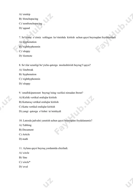ath c) \textdocument d) \textarticle 15. color paketiga usenames xususiyatini qo‘shsak ranglarimiz soni nechtaga yetadi? a) 68 ta b) 70 ta c) 80 ta d) 55 ta 16. latexda odatiy integral (∫) kiritish uchun qaysi buyruqdan foydalaniladi? a) \int b) \double c) \oint d) \float 17. latexda integral chegaralari indeksda emas, yuqori va quyi chegarada bo‘lishi lozim bo‘lsa, u holda qaysi buyruqlardan foydalaniladi a) \int buyrug‘ini \limits b) \oint buyrug‘ini \double c) \int buyrug‘ini \double d) \int buyrug‘ini \subsection 18 formula yozish tanasida qaysi buyruqdan foydalanilsa latex formula nomerini avtomatik tarzda aniqlaydi? a) equation b) document c) tabbing d) subsection 19. cmyk modelida kodlash nechta rang ustida amalga oshiriladi? a) 4 b) 5 c) 3 d) 2 20. latexda formula nomi,qay ko‘rinishda va qayerda joylashishini aniqlash uchun qaysi buyruqdan foydalaniladi a) \label buyrug‘idan foydalaniladi. b) tabbing buyrug‘idan foydalaniladi. c) subsection buyrug‘idan foydalaniladi. d) table buyrug‘idan foydalaniladi. 21. latex taqdimotida foydalanish …