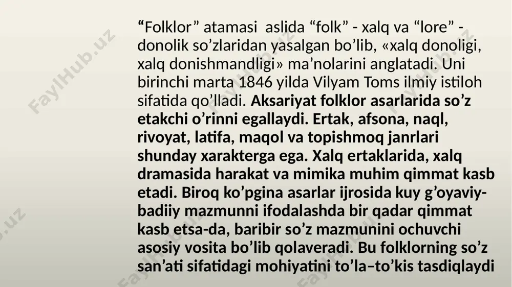 a turib, birga yashabdilar, soqoli ko’ksiga yetibdi kabi maxsus tugallanmalar bilan yakunlanadi.) xalq ertaklari mazmunan 3 guruhga bo’linadi: 1.hayvonlar haqidagi hamda majoziy ertaklar (susambil) 2.sehrli – fantastik ertaklar (guliqahqah ), 3.hayotiy-maishiy ertaklar (malikai husnobod) ertaklarni yozib olish va nashr qildirish, asosan xix asr oxiri va xx asr boshlaridan boshlandi. sehrli-fantastik ertaklar. bu tipdagi ertaklar batamom xayoliy uydirma asosiga qurilganligi, ibtidoiy insonning animistik tasavvur-tushunchalarini ifodalab kelishi jihatidan boshqa turdagi ertaklardan keskin farq qiladi sehrli-fantastik ertaklarda voqelik favqulodda shiddatli sirli tusda, g’ayrioddiy muhitda, sehr-jodu ishtirokida, g’ayritabiiy personajlar hamkorligida yuz berishi bilan xarakterlanadi hayvonlar haqidagi ertaklar. bu tipga mansub ertaklarning yaratilishida ibtidoiy insonlarning qadimgi totemistik qarashlari asos bo’lgan. ularda hayvonlar etakchi personajlar bo’lib, insonlar qiyofasida tasavvur etilgan va badiiy jonlantirilgan. shunga ko’ra ularning syujetida inson obrazi keyingi o’rinda turadi, ko’p hollarda voqelikka inson aralashmaydi. binobarin, ular yaratilish maqsadi, mazmun-mohiyati jihatidan bir necha ichki turga ega: 1. etiologik ertaklar. bularda u yoki bu hayvon …