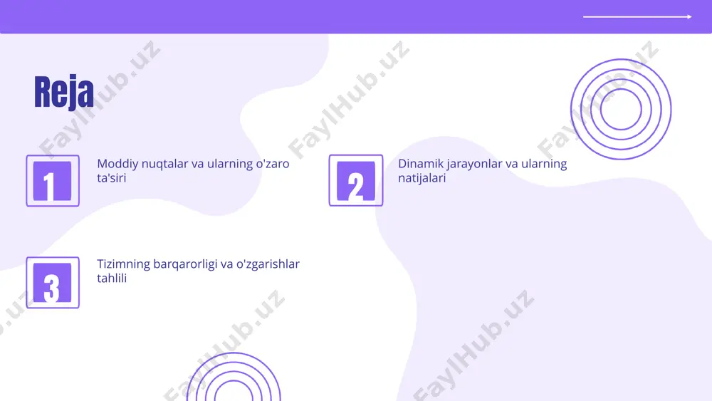o ta'siri o'zaro ta'sir jarayonlari bir-biri bilan bog'langan holda tizimning dinamikasini belgilaydi. gravitatsiya va elektromagnit ta'sirlar birgalikda kosmik jismlarning harakatini aniqlaydi. shuningdek, kuchli o'zaro ta'sirlar atom ichidagi energiya o'zgarishlariga ta'sir ko'rsatadi, bu esa kimyoviy reaksiyalarni boshqaradi. moddiy nuqtalar tizimidagi dinamikalar o'zgarishlar va muhim omillar moddiy nuqtalar tizimidagi dinamikalar, tizimda o'zgarishlarga olib keluvchi muhim omillar sifatida quyidagi uchta faktorni o'z ichiga oladi: 1) energiyaning taqsimlanishi - energiya oqimlari va taqsimot tizim dinamikasiga ta'sir qiladi; 2) tashqi ta'sirlar - atrof-muhitdagi o'zgarishlar, boshqa moddiy nuqtalar bilan o'zaro ta'sirlar orqali tizimning dinamikasini o'zgartirishi mumkin; 3) ichki mexanizmlar - moddiy nuqtalar o'rtasidagi o'zaro ta'sirlar va kuchlar tizimning o'zgarishlariga sabab bo'ladi. o'zgarishlarga sabab bo'luvchi faktorlar tizimdagi o'zgarishlarga sabab bo'luvchi asosiy omillar quyidagilardir: 1) energiyaning taqsimlanishi; 2) tashqi ta'sirlar; 3) ichki mexanizmlar. ushbu omillar tizimning rivojlanishida va dinamikasini o'zgarishlarida muhim ahamiyatga ega. dinamik jarayonlarning ta'rifi umumiy ma'lumotlar dinamik jarayonlar, vaqt o'tishi bilan o'zgaradigan tizimlarning xususiyatlarini ifodalaydi. ular …