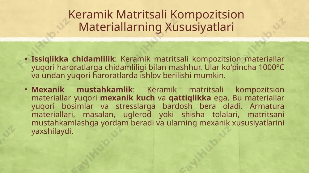 haroitlarda ishlashni talab qiladigan texnikalarda, masalan, sovutish tizimlari va katalizatorlarda, keramik matritsali kompozitsion materiallar yuqori issiqlikni samarali ushlab turish va xavfsiz ishlashni ta'minlaydi. energetika sanoati issiqlik izolyatsiyasi: keramik kompozitsion materiallar yuqori issiqlik izolyatsiyasi xususiyatlariga ega bo'lib, ular quvurlar va issiqlik almashinuvi tizimlarida ishlatiladi. energiya ishlab chiqarish jarayonlarida, ayniqsa, issiqlik va gazlarga chidamli materiallar kerak bo'ladi, shuning uchun keramik kompozitsion materiallar energiya quvurlarida, isitish tizimlarida va elektr stansiyalarining yuqori haroratli qismlarida qo'llaniladi. kimyo sanoati korroziyaga chidamli materiallar: kimyo sanoatida ishlatiladigan ko'plab uskunalar va quvurlar yuqori kimyoviy moddalarga, shu jumladan kislotalar va asoslarga duch keladi. keramik kompozitsion materiallar bu muhitlarga nisbatan yuqori chidamlilikka ega, shuning uchun ular kimyoviy reaktorlarda va boshqa kimyoviy uskunalarda ishlatiladi. bu materiallar ishlatiladigan joylarda kimyoviy o'zgarishlarga qarshi samarali himoya qiladi. katalizatorlar: kimyo sanoatida katalizatorlar ko'pincha yuqori haroratda va agressiv kimyoviy muhitda ishlaydi. keramik matritsali kompozitsion materiallar katalizatorlar sifatida ishlatiladi, chunki ular yuqori haroratga, korroziyaga va kimyoviy reaksiyalarga chidamlidir. …