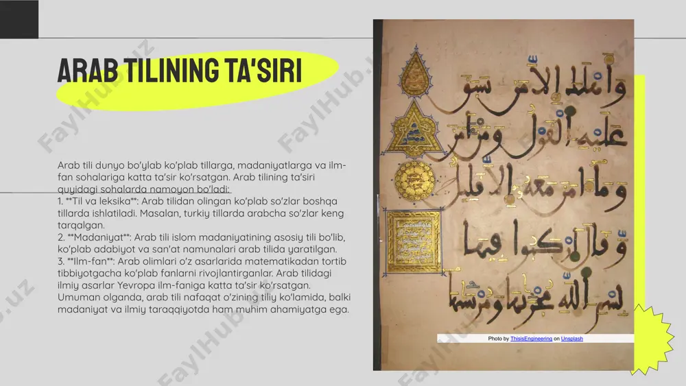 liq bo'lib, bir-birini to'ldiradi. arab tilida mavjud bo'lgan ko'plab iboralar va so'zlar madaniy merosni ifodalaydi. masalan, ‘karim’ (xushmuomala) so'zi nafaqat odamlarning xarakterini, balki arablar orasida mehmondo'stlikni ham aks ettiradi. arab madaniyatida tilning o'rni juda katta, chunki u urf-odatlar, an'analar va diniy e'tiqodlar bilan chambarchas bog'liqdir. arab tilidagi maqollar va iboralar madaniyatning ahamiyatini yanada oshirib, insonlarni birlashtiradi. shuningdek, arab san'ati va adabiyoti ham til orqali ifodalanadi, bu esa uning boyligini ko'rsatadi. photo by thisisengineering on unsplash xulosa arab tili, qadimiy tillardan biri bo‘lib, uning tarixi ming yillarga borib taqaladi. u ilk bor arab yarim orolida paydo bo‘lgan va keyinchalik islom dinining tarqalishi bilan keng tarqaldi. arab tilining tarixi arab tili o‘zining tarixiy rivojlanishida ko‘plab o‘zgarishlarga duch keldi. u so‘z boyligi, grammatik tuzilishi va dialektlari bilan ajralib turadi. bu tilda yozilgan adabiyot ko‘plab buyuk asarlarni o‘z ichiga oladi. arab tilining rivojlanishi arab tili, boshqa tillarga ta’sir ko‘rsatib, ko‘plab so‘zlarni o‘zlashtirishga olib keldi. …