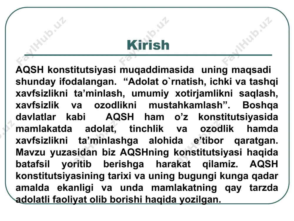 d. qonun chiqarish aqshda kongressga tegishli bo`lib, u ikki palatadan tashkil topgan. ular:senat va vakillar palatasi, senatga qonun chiqarish funksiyasidan tashqari, urush e’lon qilish, tribunal tashkil etish kabi prezident qarorlarini tasdiqlash yoki rad etish huquqiga ega. senat har bir shtatdan 2 kishidan 6 yil muddatga tayinlanadigan a’zolardan iborat. aqsh qonunchiligida lobbiyistlar muhim rol o`ynaydi ular qabul qilinayotgan qonunlarga congress ishtirokchilaridan ko`ra ko`proq ta’sir kuchiga ega. rezsolutsiya va billar qonun maqomini olishi uchun ikki palata tomonidan muhokama qilinishi va prezident tomonidan imzolanishi kerak. aqshga a’zo shtatlarning har biri o`z qonunchilik organiga ega. mazkur organ shtatlar doirasida qonunlar qabul qiladi, shtatlarning ijtimoiy iqtisodiy rivojlanish istiqbolini belgilaydi arizona,florida, michiganda qonunchilik organi legislature delevor , jorjiya,missurida bosh assambleya massachusets va neyu hempshir shtatlarida bosh hay’at deb nomlanadi senator eng kamida 30 yosh bo`lishi va aqsh hududida eng kamida 9 yil muddat davomida yashagan bo`lishi kerak. senat raisi vitse prezident 4 yil muddatga saylanadi. vakilar …
