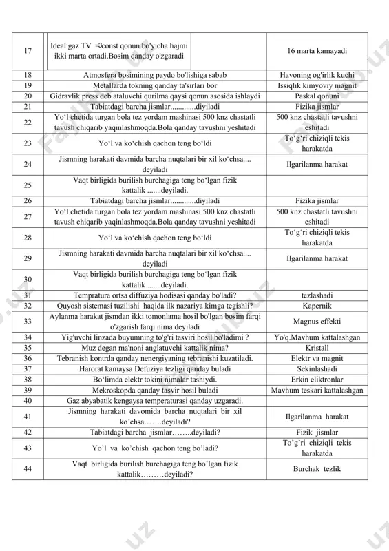 ga issiqlik qanday hodisaga asoslangan holda etib keladi? nurlanish. 16 chiziqli va burchak tezlik orasidagi burchak orasidagi munosabat 90 gradus 17 ideal gaz tv = const qonun bo'yicha hajmi ikki marta ortadi.bosim qanday o'zgaradi3 16 marta kamayadi 18 atmosfera bosimining paydo bo'lishiga sabab havoning og'irlik kuchi 19 metallarda tokning qanday ta'sirlari bor issiqlik kimyoviy magnit 20 gidravlik press deb ataluvchi qurilma qaysi qonun asosida ishlaydi paskal qonuni 21 tabiatdagi barcha jismlar.............diyiladi fizika jismlar 22 yo‘l chetida turgan bola tez yordam mashinasi 500 knz chastatli tavush chiqarib yaqinlashmoqda.bola qanday tavushni yeshitadi 500 knz chastatli tavushni eshitadi 23 yo‘l va ko‘chish qachon teng bo‘ldi to‘g‘ri chiziqli tekis harakatda 24 jismning harakati davmida barcha nuqtalari bir xil ko‘chsa.... deyiladi ilgarilanma harakat 25 vaqt birligida burilish burchagiga teng bo‘lgan fizik kattalik .......deyiladi. 26 tabiatdagi barcha jismlar.............diyiladi fizika jismlar 27 yo‘l chetida turgan bola tez yordam mashinasi 500 knz chastatli tavush chiqarib yaqinlashmoqda.bola qanday tavushni …