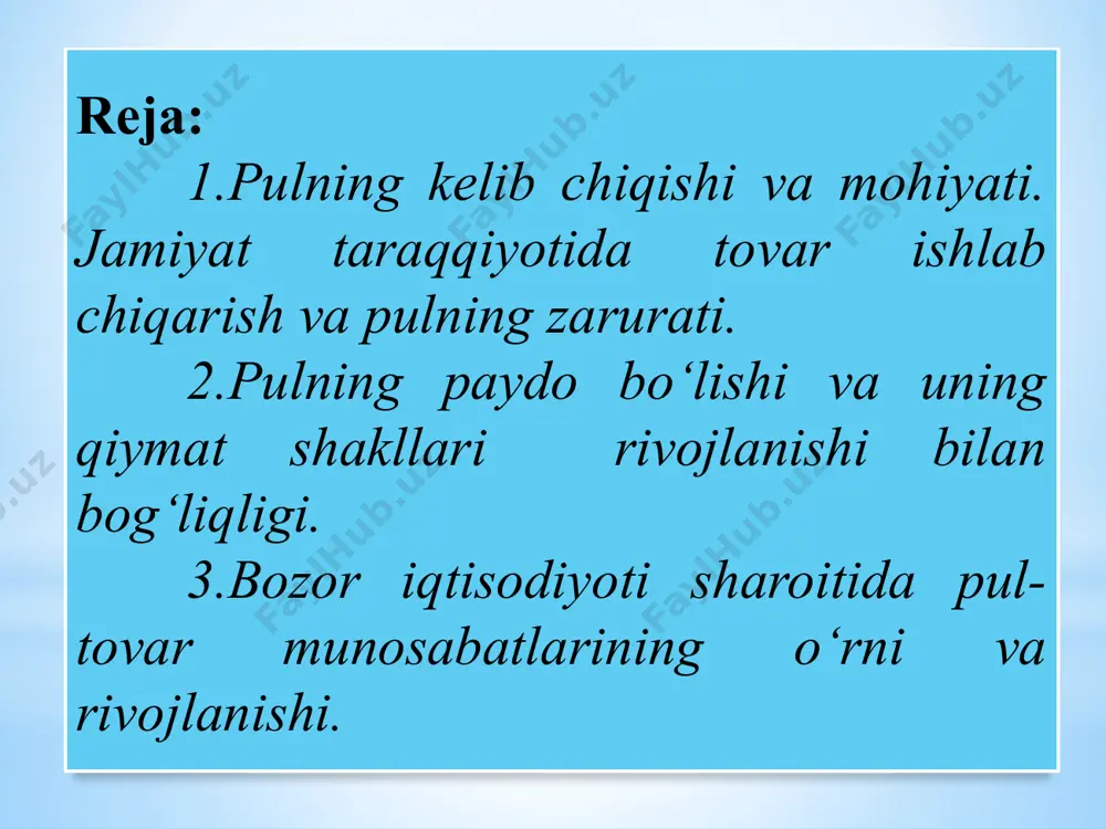 on kulolniki, idish esa dexqonniki bo‘lgan. yoki tarozini bir pallasiga guruch ikkinchi pallasiga esa bug‘doy solib almashtirgan.(2) ular endi faqat o‘z ehtiyojlarini qondirish uchungina emas, balki o‘z mahsulotlarini ayirboshlash, ya’ni sotish uchun ham yetishtira boshlaganlar. boshqacha qilib aytganda, ular «natural xo‘jalik» yuritishdan tovar ishlab chiqarishga o‘ta boshlaganlar. doimiy ayriboshlash uchun uch xil sharoit bo‘lishi shart - mehnat taqsimoti, xususiy mulk va taqqoslama baho, imkoniyat va o‘zaro o‘lchov birligi. agar kishilar o‘z ehtiyojlari uchun zarur bo‘lgan barcha mahsulotlarni o‘zlari yetishtirsalar, ya’ni hech narsa sotib olmasalar va sotmasalar, bunday xo‘jalik yuritish natural xo‘jalik yuritish deyiladi. va nixoyat, insonlar o‘zlarining mehnat mahsullarini tovarni tovarga o‘zaro ayriboshlaydilar ya’niy barterni sodir etadilar. barter - bu tovarlarni tovarlarga pul vositasisiz ayriboshlashni amalga oshirilishidir (t-t). biroq axolining o‘sib borishi, iqtisoslikning tobora chuqurlashishi barter ayriboshlash makonining kengayishi jo‘da ko‘p vaqt va mehnat xarajatini keltirib chiqaradi. bunday sharoitda samarasiz bo‘lgan barter pulni paydo qiladi. sotish uchun ishlab chiqarilgan mahsulot …