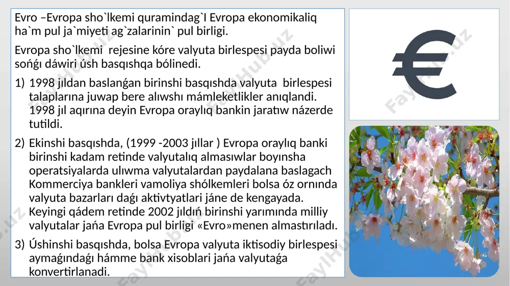 o» ta`repdarlarinin` pikrine qaraǵanda, «evro»nıń mámilege kiritiliwi esh mámleketleri ushın júdá paydalı boladı. birinshiden; jańa valyutaǵa ótiw evs ina aǵza mámleketler byudjet atqarılıwınıń qatiylasiwina alıp keldi. bunıń nátiyjesinde eob pikrine qaraǵanda, «evro» zonasına kirgen mámleketlerde inflyatsiya dárejesi 1, 5-2 % ti quradi. ekinshiden; evropa mámleketleri keleshekte ózleriniń saliq sistemaların birlestiriw múmkinshiligine iye boladı. esh mámleketleri tek g`ana saliq sistemasındaǵı pariqlar esabına 500 mlrd den 800 mlrd.ge shekem aqsh dolları joytıp atır. úshinshiden; evs aǵza mámleketleriniń barlıq minnetlemeleri hám aktivleriniń evropaǵa ótkeriliwi, bul mámleketlerdegi valyuta rezervleri kólemin kemeytiwge alıp keldi. bunıń nátiyjesinde ekonomikaliq aylanbasına qosımsha qarjilar túsedi jáne bul kredittin` arzanlaniwina, bul bolsa o'z gezeginde ekonomikaliq ósiwge alıp keldi. tórtinshiden; optimistlar «evro» pul birligi jaqin arada ko`plegen mámleketler ushın rezerv valyuta bolıp qaliwina úmit qilmaqta. evropa valyutaları múmkinshilikleriniń birlestirilishi yevroga keleshekte xalqara esap -kitaplarda tiykarǵı rezerv valyutalardan biri bolıwǵa múmkinshilik berip atır. besinshiden; jeke nominallar ushın «evro»nıń payda bolıwı bank xızmeti …