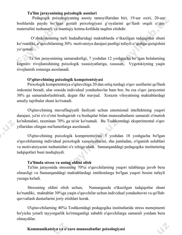 bevosita bog'liq bo'lib, 2022 yilda toshkentda o'tkazilgan eksperimentlarda, individual yordam olgan o'quvchilarning akademik ko'rsatkichlari 15% ga oshgan. bolalar va o'smirlarning ichki motivatsiyasi, masalan, qiziqish va o'z-o'zini rivojlantirishga intilish, andijon viloyatidagi maktablarda o'tkazilgan so'rovnomalarga ko'ra, ta'lim samaradorligini 20% ga oshiradi. ta'lim jarayonining psixologik asoslari pedagogik psixologiyaning asosiy tamoyillaridan biri, 19-asr oxiri, 20-asr boshlarida paydo bo‘lgan gestalt psixologiyasi g‘oyalarini qo‘llash orqali o‘quv materialini tushunarli va mantiqiy ketma-ketlikda taqdim etishdir. o‘zbekistonning turli hududlaridagi maktablarda o‘tkazilgan tadqiqotlar shuni ko‘rsatdiki, o‘quvchilarning 30% motivatsiya darajasi pastligi tufayli o‘qishga qiziqishini yo‘qotadi. ta’lim jarayonining samaradorligi, 7 yoshdan 12 yoshgacha bo‘lgan bolalarning kognitiv rivojlanishining psixologik xususiyatlariga, xususan, vygotskiyning yaqin rivojlanish zonasiga asoslanadi. o'qituvchining psixologik kompetentsiyasi psixologik kompetentsiya o'qituvchiga 20 dan ortiq turdagi o'quv usullarini qo'llash imkonini beradi, ular orasida individual yondashuvlar ham bor, bu esa o'quv jarayonini 30% ga samaradorlashtiradi, degan fikr mavjud. xorazm viloyatining maktablardagi amaliy tajribalar shuni ko'rsatadi. o'qituvchining muvaffaqiyatli faoliyati uchun emotsional intellektning yuqori darajasi, ya'ni …