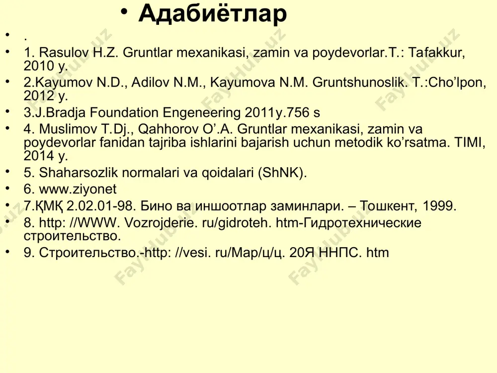 ачалар солиштирма ҳажмига нисбати грунтнинг ғоваклик коэффициенти деб аталади: грунтнинг тўла намланиши (максимал намлиги) ғовакларнинг сувга тўла тўйинган ҳолатини баҳолайди: we = n w/(m s) ёки we = е w/s , бу ерда w=1000 кг/м3 – сувнинг зичлиги. грунтнинг сувга тўйинганлиги бўйича ҳолатини баҳолашда намланиш даражаси деб аталадиган кўрсаткич ишлатилади. sr = w/wе = ws/(e w) грунтнинг намланиш даражаси табиий намликнинг тўла намланишга бўлган нисбати бўйича аниқланади: грунтларнинг намланиш даражасининг қиймати 0 дан (грунтларнинг қуруқ ҳолатида) 1 гача (грунт сувга тўла тўйинганда) ўзгариши мумкин. намланиш даражасининг қийматига грунтлар қуйидаги холатларда булади: sr =0 дан 0,5 гача бўлса – грунт кам намланган sr =0,5 дан 0,8 гача бўлса – грунт намланган sr =0,8 дан 1,0 гача бўлса – грунт сувга туйинган деб қаралади t = d + n w грунтнинг сувга тўла тўйинган ҳолатдаги зичлиги қуйидаги ифода бўйича аниқланади: грунт скелетининг солиштирма оғирлиги d = gd қаттиқ заррачаларининг солиштирма оғирлиги s …