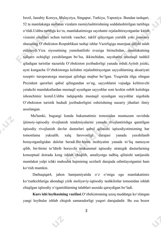 g konseptual doirada keng ishlab chiqilib, amaliyotga tadbiq qilinishi natijasida mamlakat yalpi ichki mahsulot hajmining sezilarli darajada odimlayotganini ham ko‘rish mumkin. darhaqiqat4, jahon hamjamiyatida o‘z o‘rniga ega mamlakatimiz ko‘rsatkichlariga ahondagi yirik moliyaviy-iqtisodiy tashkilotlar tomonidan ishlab chiqilgan iqtisodiy o‘rganishlarning talablari asosida qaraydigan bo‘ladi. kurs ishi loyihasining vazifasi.o‘zbekistonning uzoq muddatga ko‘zlangan yangi loyihalar ishlab chiqish samaradorligi yuqori darajadadir. bu esa bozor iqtisodiyoti sharoitida kafolatlangan kelajakni qo‘lga kiritish uchun poydevor vazifasini bajaradi. strategik dasturlar haqida gap ketganda shuni ta'kidlab o‘tish zarurki, mamlakat iqtisodiy ko‘rsatkichlarini yanada oshirish yo‘lida mamlakatga xorijdan investitsiyalar kiritish hajmini sezilarli darajada oshirish muhim yo‘nalish bo‘lib qoladi. davlatimiz tomonidan esa aholi imkoniyatlarini ro`yobga chiqarish uchun huquqiy maydon, qonuniy vositalar va kafolatlar tizimi izchil vujudga keltirilmoqda. tabiiyki, bu boradagi me`yoriy-huhuhiy asosni takomillashtirish, ushbu sohadagi islohotlarni izchil rivojlantirish va jadallashtirish bo`yicha zamonaviy talablarga javob beradigan yangi qonun hujjatlarini qabul qilish muhim vazifalar sirasiga kiradi. ayniqsa, “oilaviy tadbirkorlik to`g’risida” gi o`zbekiston respublikasi qonunining qabul …