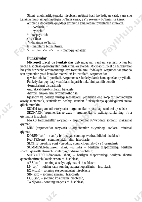 tiladigan usul. alohida katakga tayanish – uning koordinatalari. bo‗sh katak qiymati nolga teng. tayanishlar ikki turli bo‗ladi: nisbiy – kataklar formula yordamda katakdan nisbiy siljish bilan ifodalanadi (masalan: f7). absolyut – kataklar $ belgisi (masalan: $f$7) bilan birikmada kataklar koordinatalari orqali ifodalanadi. oldingi turlar birikmalari (masalan: f$7). formulalardan nusxa ko‗chirishda nisbiy tayanishlar ko‗chish kattaligiga o‗zgaradi. kataklar guruhiga murojaat qilish uchun maxsus belgilardan foydalaniladi: : (ikki nuqta) – kataklar blokiga murojaat qilishni shakllantiradi. ikki nuqta orqali blokning chap yuqori va o‗ng pastki kataklari ko‗rsatiladi. masalan: s4:d6 –s4, s5, s6, d4, d5, d6 kataklariga murojaat qilish. ; (nuqtali vergul) – kataklar birlashmasini ifodalaydi. misol uchun, d2:d4;d6:d8 –d2, d3, d4, d6, d7, d8 kataklariga murojaat qilish. katakga formulani kiritish uchun '=' belgisini va hisoblash uchun formulani kiritish zarur. enter klavishasini bosgandan so‗ng katakda hisoblash natijasi paydo bo‗ladi. formulani o‗z ichiga olgan katakni belgilashda, formula taxrir qilish satrida paydo bo‗ladi. shuni unutmaslik kerakki, hisoblash …