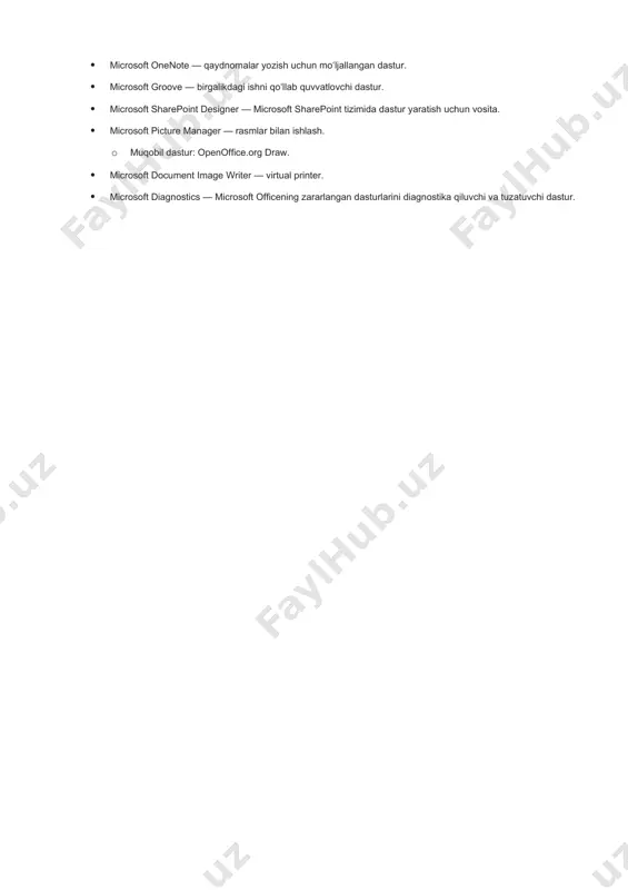 rga oʻrnatish uchun kompyuterda windows operatsion tizimi oʻrnatilgan boʻlishi, soʻng kompyuter operativ xotirasi kamida 8-16 mb boʻlishi va qattiq diskda kamida 250 mbdan 700 mbgacha (officedan foydalanish imkoniyatiga qarab) boʻsh joy boʻlishi lozim. office tarkibi microsoft office bir nechta xilda sotuvga chiqariladi. ularning farqi toʻplam tarkibi va narxida. office dasturlar toʻplamining nisbatan toʻliqroq variantiga quyidagi dasturlar kiradi: · microsoft word — har xil koʻrinishdagi oddiy va murakkab matnlarni taxrirlashga moʻljallangan matn muharriri. · muqobil dasturlar: openoffice.org writer, libreoffice writer, staroffice writer, kword, neooffice writer, corel wordperfect, apple pages (bu faqat mac os tizimida) va abiword. · microsoft excel — har koʻrinishdagi hisob—kitobli maʼlumotlar bilan ishlashga moʻljallangan elektron jadvalli dastur. · muqobil dasturlar: openoffice.org calc, libreoffice calc, kspread, staroffice, gnumeric, corel quattro pro va apple numbers (bu faqat mac os tizimida). · microsoft powerpoint — maʼlumotlarni taqdimot, reklama qilishga moʻljallangan taqdimot dasturi. · muqobil dasturlar: openoffice.org impress, libreoffice impress, kpresenter, corel …