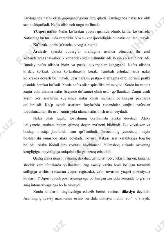 z talaffuzi ma`nosini bildiradi. diktsiya aniq so`z talaffuzi va badiiy ifoda demakdir. ma`lumki bizda unli tovushlar orqali kuylaniladi. shuning uchun xorda so`z talaffuzi tarbiyasiga katta e`tibor beriladi. diktsiyani yaxshilashda vokal-xor mashqlarida unli va undosh tovushlarni kuylash yaxshi natija beradi. bunda biz artikulyatsiyadan foydalanamiz. artikulyatsiya – lotincha articilatio talaffuz qilish degan ma`noni bildiradi. unli tovushlarni o`zlashtirishda undosh tovushlar muhim rol’ o`ynaydi. dirijyor undosh tovushlarni eshitilishida doimo ish olib borishi zarur. unli tovushlar, undosh tovushlarga qaraganda qisqa talaffuz qilinadi. diktsiya yaxshilashda o`rta regstr va diapazondan, o`rta, ovoz kuchidan foydalanish yaxshi natija beradi. doimiy mashqlar natijasida yuqori registrda kuylash va yaxshi diktsiyaga ega bo`linadi. vokal-xor diktsiyasi bir butun kompleks bo`lib, u tartibli ravishda xorning vokal ishlari bilan bog`lab olib boriladi. vokal-xor malakalarini shakllantirishda repertuarning roli vokal- asarlarini shakllantirishda repertuarning to`g`ri tanlanishi asosiy rol’ o`ynaydi. asarlarni dastlab xor jamoasining bilim darajasiga qarab tanlanishi juda muhim ahamiyatga ega. musiqa savodi yo`q kuylovchilar balan dastlab oddiy …