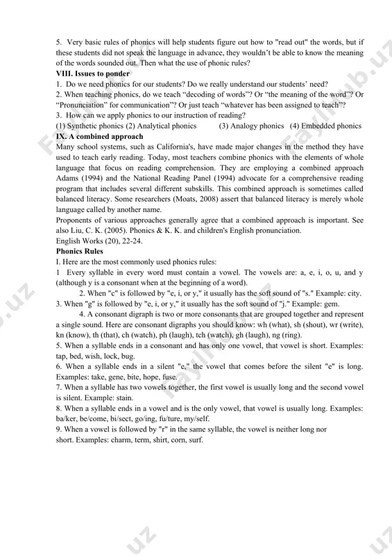 he page. (2) most of our knowledge of phonics is the result of reading; more complex rules of phonics are subconsciously acquired through reading (smith). (3) basic rules can help by making texts more comprehensible, restricting possibilities: smith: "the man was riding on the h____." and cannot read the final word. zero phonics: all phonics rules can be acquired by reading. rare. vi. strengths of phonics phonemic awareness 1. phonemic awareness instruction is more effective when students are taught to use letters to manipulate phonemes. 2. explicit phonemic awareness instruction helps beginning readers and those having reading difficulties. 3. explicit phonemic awareness instruction helps preschoolers, kindergartners, and first graders learn to spell. phonics 1. phonics instruction improves word reading skills, especially for kindergartners, first graders, and older struggling readers. 2. explicit, systematic phonics instruction is significantly more effective than alternative programs providing nonsystematic or no phonics instruction. 3. explicit phonics …