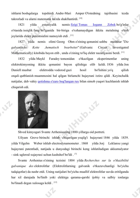 g xususiyatlariga bog'laydigan nernst tenglamasi deb nomlangan tenglama tuzdi . [15] 1898-yilda, fritz haber da salohiyati bo'lsa aniq qaytarilish mahsulotlari elektrolitik jarayonlardan kelishi mumkin, deb ko'rsatdi katodda sobit qoladi. 1898 yilda u nitrobenzolni katodda bosqichma-bosqich kamayishini tushuntirdi va bu shunga o'xshash boshqa qaytarilish jarayonlari uchun namuna bo'ldi. [16] 20-asr va so'nggi o'zgarishlar [ tahrirlash ] 1902 yilda elektrokimyoviy jamiyat (ecs) tashkil etildi. [17] 1909 yilda robert endryus millikan bitta elektron tomonidan o'tkaziladigan elektr zaryadini aniqlash uchun bir qator eksperimentlarni boshladi (qarang: yog 'tushirish tajribasi ) . [18] 1923 yilda johannes nicolaus brønsted va martin lowry elektrokimyoviy asos yordamida kislota va asoslarning qanday harakat qilishlari to'g'risida xuddi shu nazariyani nashr etdilar. [19] 1937 yilda arne tiselius birinchi murakkab elektroforetik apparatni yaratdi. bir necha yil o'tgach, u protein elektroforezidagi faoliyati uchun 1948 yil nobel mukofotiga sazovor bo'ldi . [20] bir yil o'tib, 1949 yilda xalqaro elektrokimyo jamiyati (ise) tashkil etildi. [21] 1960-1970 …