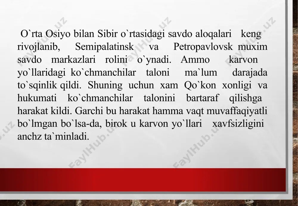 dagi mavqegaputur yetkazadi. qozog`iston yerlarida rus davlati ronligining mustahkamlanishi savdo karvonlari xavfsizigini ta`minlash bilan birga, rus mollarining urta osiyoda keng tarqalishi uchun imkoniyat yaratib berdi. bu hol sepalatinskdagi rus savdogarlari mablag`larining urta osiyo savdogarlari mablag`lariga iisbatan oshib ketishiga olib keldi.s`huning uchun xam u yerga ioir liniyalaridan kuplao mol-lar keltirilgan.urta osiyo mollari qozonga ko`plab olib ketilgan. sibir liniyalari, jumladan, semipalatinsk urta osiyo sav-dogarlarining tatariston territoriyasidagi halqlar bilan savdo kilishida muxim rol o`ynadi. 1822 yilda petropavlovskka s. shonazarov boshchiligida 500 tuyada savdo karvoni kelgan. shu yili 250 tuyada urta osiyo mollari kelgan. mazkur yilda petropavlovskdan qo`qonga 72 tuyada mol yuborilgan. qo`qon va qashqardan petropavlovskka 600 tuyada mol kelganligi haqida ma`lumot bor. vaqt o`tishi bilan petropavlovskda savdo-sotiq o`sib bordi. jumladan, 1848 yilga kelib, keltirilgan mollar 938792 so`mni, chetga chiqarilgan mollar esa 892217 so`mni tashkil etdi. petropavlovskning, ayniqsa, toshkent bilan aloqasi kuch-li edi. chunonchi, 1846 yilda birgina gumashta i. krestyanin orqali toshkentga 54952 so`mlik …