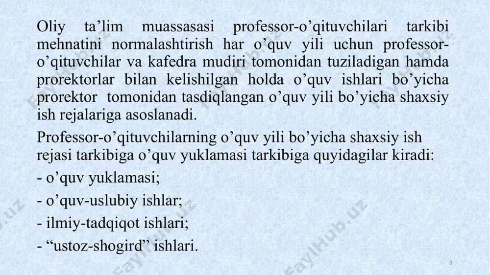 onidan belgilangan ma’naviy-ma’rifiy tadbirlarda faol ishtirok etadi; -talabalar bilan tarbiyaviy ishlarni tashkil etadi va tadbirlarda ishtirok etadi. 6 assistentning lavozim majburiyatlari o’quv-uslubiy ishlar bo’yicha: - tahsil beradigan fanidan yoi o’quv mashg’ulotoning alohida yoki o’quv mashg’ulotining alohida turlari bo’yicha o’quv-uslubiy ishlarni tashkil etadi va o’tkazadi; - o’quv reja va o’quv dasturlarini bajarishni ta’minlaydi; - amaliy va seminar mashg’ulotlari, laboratoriya ishlari, ishlab chiqarish amaliyoti va uy vazifalari bo’yicha kurs ishlari (loyihalari)ga uslubiy ko’rsatmalar ishlab chiqadi; - talabalarning mustaqil va individual ishlari bo’yicha amaliy mashg’ulotlar uchun topshiriqlar tuzadi; - o’quv jarayoniga axborot-kommunikatsion texnologiyalarni tadbiq etadi; - talabalarning laboratoriya ishlarini va amaliy mashg’ulotlarning bajarishini tekshiradi va nazorat qiladi; - kafedraning moddiy-texnik bazasini rivojlantirish va takomillashtirishda ishtirok etadi. - talabalar tomonidan uy vazifalarning bajarilishi, ularning o’quv mashg’ulotlari davomida mehnatni muhofaza qilish qoidalariga rioya qilishini nazorat qiladi. 7 ilmiy ishlar bo’yicha; - ilmiy-tadqiqot faoliyatini olib boradi; - talabalarning ilmiy tugarak ishlarini tashkil etadi va olib boradi. …