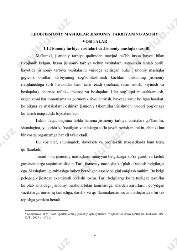 gimnastika, davolash gimnastikasi turlariga bo’linadi. gimnastikaning quyidagi o’ziga xos xususiyatlari mavjud gavdani turli qismlari, ayrim, bo’qimlar va ular faoliyatining turli tomonlari va holatiga talab ta'sir etish (mushaklarning bo’shashga, cho’zilish va boshqalar): jismoniy yuklanishni taqsimlash imkoniyati: sport anjomlari va sport inshoatlaridan foydalanish: mashqlarni musiqa jurligida o’tkazish: mashklarning rang-barangligi. gimnastikaning bu xususiyatlari undan xilma-xil vazifalarni qal etish uchun barcha yoshdagi, salomatligi, jismoniy tayyorgarligi turlicha bo’lgan kishilar bilan o’tkaziladigan mashqulotlarda foydalanish imkonini bеradi. xarakatli o’yinlar. bu turli emotsional harakatlardan iborat murakkab faoliyatdir. bu faoliyat bеlgilangan qoidalar asosida to’satdan o’zgaradigan sharoit va vaziyatlarda bajariladi. gimnastikadan farkli ularok, o’yinlarni o’tkazishda jismoniy nagruzkalarni taqsimlash qiyin bo’ladi. harakatli o’yinlar boshqa jismoniy mashqlardan shuqullanuvchilar faoliyatini tashkil etish va boshharish xususiyatlari bilan farqlanadi. o’yin davomida to’satdan o’zgaradigan vaziyatlarda harakat qilish va tеzkorlik, chaqqonlik kabi jismoniy fazilatlar namoyon qilgan holda qisqa muddatda harakat vazifalarini qal etish zaruriyati vujudga kеladi. bu harakatlar ko’nikmalarini mustaqkamlaydi. o’yin paytida bolalar faoliyati obrazli syujеtli yoki …