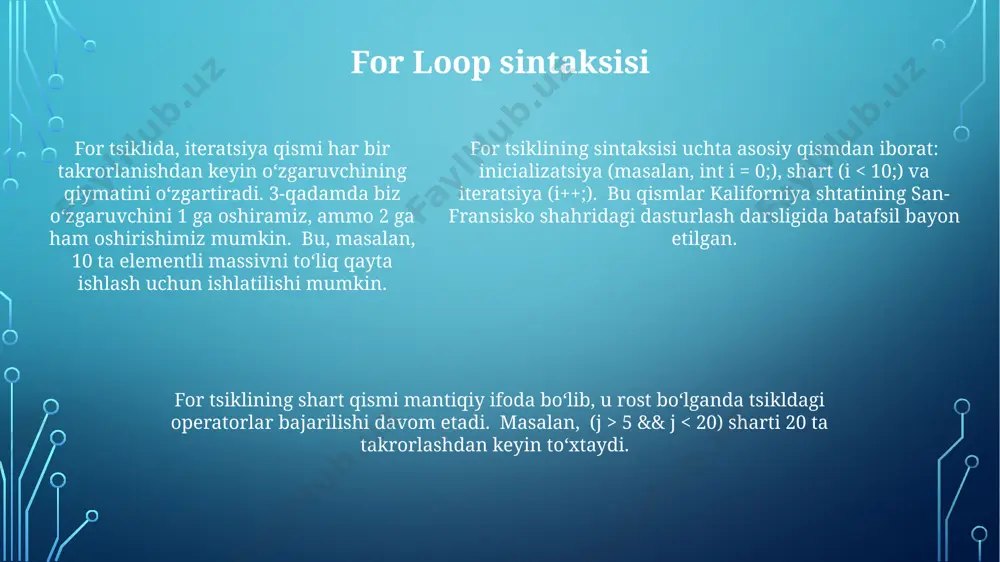 kllari, for sikli singari, takrorlanuvchi kod bloklarini bajarish uchun ishlatiladi, lekin ularning shart tekshirish joylashuvi va bajarilish soni jihatidan farqlari bor while siklida shart tekshiruvi tsikl boshida amalga oshirilsa, do-while siklida shart tekshiruvi tsikl oxirida amalga oshiriladi. bu farq tufayli do-while siklida tsikl tanasi kamida bir marta bajariladi, samarqanddagi tarixiy binolarni 3 kun ichida ko'rish mumkin. for siklida takrorlanishlar soni oldindan aniq bo'lsa, while va do-while sikllari shart bajarilmaguncha davom etadi. misol uchun, 1 dan 10 gacha sonlarni chiqarishda for sikli samaraliroq, lekin 1000 ta elementli massivni qidirishda while sikli mosroq bo'lishi mumkin. for loop misollari: massiv elementlarini qayta ishlash for tsikli yordamida 1 dan 1000 gacha bo'lgan sonlar yig'indisini hisoblash mumkin. bu hisoblash jarayoni farg'ona viloyatida joylashgan kompyuterda bajarilishi mumkin. for tsikl yordamida 100 ta elementdan iborat massivni qayta ishlashda, har bir elementga 5 ni qo'shish va natijani toshkent shahridagi serverga yuborish uchun 100 ta takrorlash amalga oshiriladi. for …