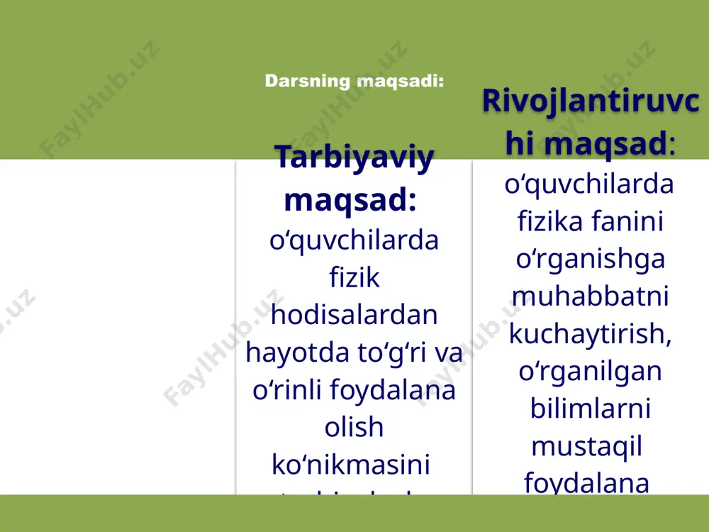 exanik xossalari . . . . 27 darslikdagi masala yechish namunasi o'quvchilar bilan birgalikda tahlil qilinadi. so'ngra quyidagi masala yechiladi: masala. diametri 2 sm bo'lgan simga 10 kg yuk osilgan bo'lsa, mexanik kuchlanish necha kpa bo'ladi? berilganr.d = 2 sm = 2·10-2 m; m = 10 kg; g = 10 m/s2. topish kerak: σ - ? formulasi: σ = f/s = mg/(πd2/4) = 4 mg/πd2. hisoblash σ = 4·10·10/(3,14·4·10-4) pa = 3,2·10 -3 pa = 3,2 kpa. javob: σ = 3,2 kpa. shundan so'ng o'quvchilarni kichik guruhlarga bo'lib, ularga quyidagi topshiriq va masalalar beriladi: i guruhga: 1. deformatsiya va uning turlari. 2. ko'ndalang kesimi 2 sm2 bo'lgan po'lat tayoqchaga og'irligi 30 kn bo'lgan yuk osilgan. tayoqchaning mexanik kuchlanishi topilsin. guruhga: 1. absolut va nisbiy uzayish. 2. uzunligi 1 m, ko'ndalang kesimi 80 sm2 bo'lgan balka uchlariga uzunligi bo'yicha 5 kn dan kuch qo'yilganda 5 mm ga qisqardi. nisbiy qisqarish (uzayish)ni …