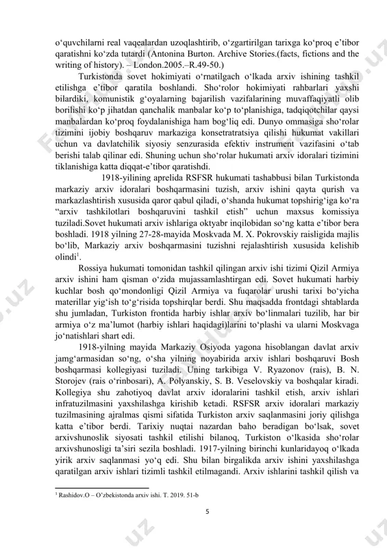hqarmasi kollegiyasi tuziladi. uning tarkibiga v. ryazonov (rais), b. n. storojev (rais o‘rinbosari), a. polyanskiy, s. b. veselovskiy va boshqalar kiradi. kollegiya shu zahotiyoq davlat arxiv idoralarini tashkil etish, arxiv ishlari infratuzilmasini yaxshilashga kirishib ketadi. rsfsr arxiv idoralari markaziy tuzilmasining ajralmas qismi sifatida turkiston arxiv saqlanmasini joriy qilishga katta e’tibor berdi. tarixiy nuqtai nazardan baho beradigan bo‘lsak, sovet arxivshunoslik siyosati tashkil etilishi bilanoq, turkiston o‘lkasida sho‘rolar arxivshunosligi ta’siri sezila boshladi. 1917-yilning birinchi kunlaridayoq o‘lkada yirik arxiv saqlanmasi yo‘q edi. shu bilan birgalikda arxiv ishini yaxshilashga qaratilgan arxiv ishlari tizimli tashkil etilmagandi. arxiv ishlarini tashkil qilish va rivojlantirish bo‘yicha o‘lka hukumatiga topshiriq 1918 yilning iyunida kelib tushdi. bu ishni turkiston respublikasi byudjet moliya komissiyasi raisi (mik xuziridagi) v. n. kucherbaev boshqardi va 1919 yilning oktyabirida turkiston assr sovetining 13 – s’ezdida arxiv ishlarini tashkil qilish, boshqaruvi, topshiriq va vazifalari to‘g‘risida ma’ruza qildi. shundan so‘ng 1919-yilning 30-oktyabirida turkiston respublikasi mik prezidumi respublika …