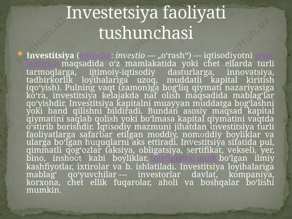 l qiladi. respublika iqtisodiyotiga investitsiya kiritishda davlat byudjeti mablagʻlari, chet el investitsiyalari, korxonalarning oʻz mablagʻlari va aholi jamgʻarmalari qatnashmoqda. respublikada aholining qimmatli qogʻozlarga jamoaviy investitsiyani amalga oshiradigan xususiylashtirish investitsiya fondlari (xif) va kompaniyalari tarmogʻi rivoj topdi. 2000-yilda moliyalashtirishning jami manbalari hisobidan mamlakat iqtisodiyotiga salkam 700 milliard soʻm, shu jumladan, 810 million aqsh dollari investitsiyalandi. uning 30,3 % ni respublika byudjeti, 39,1 % ni korxonalar va aholi mablagʻlari, 7,5 % ni banklar kreditlari va b. qarz mablagʻlar, 21,7 % ini chet el investitsiyalari va kreditlari, 1,4 % ni byudjetdan tashqari jamgʻarmalar mablagʻlari tashkil qiladi. investitsitya faoliyati investitsiya faoliyatida investorlar har bir mamlakatdagi investitsiya muhiti bilan bogʻliq boʻlgan koʻpdan-koʻp xatarlarga duch keladilar. shu sababli investitsiyani, ayniqsa, chet el investitsiyalarini su-gʻurta qilish muhim ahamiyatga ega. oʻzbekistonda xorijiy investitsiyalarni sugʻurtalash sohasida 1994-yilda tashkil etilgan „oʻzbekinvest“ eksport-import milliy sugʻurta kompaniyasi faoliyat olib boradi xulosa 1. samatov g.a., yodgorov j.yo.,rustamova i.b qishloq xo’jaligi ishlab chiqarishini tashkil …