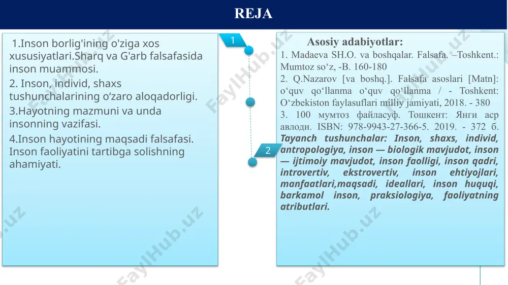 manddir». inson falsafiy muammo sifatida. inson har safar mutafakkirlar diqqat markazidan o‘rin olar ekan, uning mohiyatini yangi tarixiy sharoitda va yangicha nuqtai nazardan anglab etishga harakat qilib, uni qayta va qayta yangidan kashf etganlar. beruniy jahon fanida birinchi marta inson va tabiat, odam va olam o‘rtasidagi munosabatlarni dunyoviy fan nuqtai nazaridan o‘rganadi xudo yaratgan banda sifatida ham, boshqa odamlar faoliyatining mahsuli sifatida ham talqin qilinadi. ibn sino, «inson boshqa barcha hayvonot olamidan so‘zi, tili va aqli, tafakkur qilishi bilan farq qiladi. inson aqli turli fanlarni o‘rganish yordamida boyiydi», deb hisoblaydi. i «inson nima», degan savol «inson–mashina» deb nomlangan asar muallifi fransuz j.lametri (1709–1751) ilgari surgan g‘oyalar bilan to‘qnashadi. fransuz faylasufi r.dekart (1596–1650) asarlarida inson mohiyati masalasiga nisbatan butunlay o‘zgacha yondashuvga duch kelamiz. u«inson fikrlovchi narsadir», «inson, u uzoq vaqt o‘ylaganidek, dunyoning statik markazi emas, balki evolyusiyaning cho‘qqisi bo‘lib, bu ancha go‘zalroqdir», fransuz faylasufi va teologi p.t. de sharden (1881–1955). inson …