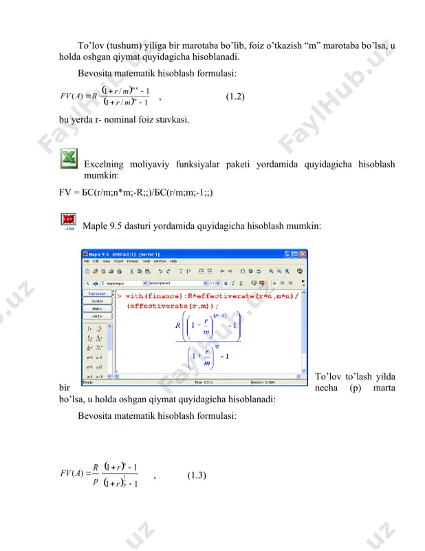 n*m;-r;;)/бс(r/m;m;-1;;) maple 9.5 dasturi yordamida quyidagicha hisoblash mumkin: to’lov to’lash yilda bir necha (p) marta bo’lsa, u holda oshgan qiymat quyidagicha hisoblanadi: bevosita matematik hisoblash formulasi: , (1.3) agar foizlarni ham bir yildabirnecha (m) martahisobga olinsa, uholdaoshganqiymatquyidagichahisoblanadi: . (1.4) bu formulalar geometrik progressiyaga ko’ra quyidagicha topiladi: excelning moliyaviy funksiyalar paketi yordamida quyidagicha hisoblash mumkin: fv = бс(r/m;n*m;-r;;)/бс(r/m;m/p;-p;;) maple 9.5 dasturi yordamida quyidagicha hisoblash mumkin: amaliyotda, ko’pincha qarzlarni qoplashda postnumerando, ya’ni to’lovlarni davr oxirida o’tkazish usuli qo’llaniladi. prenumerando, ya’ni to’lovlarni davr boshida o’tkazish usuli ko’pincha har xil jamg’armalar sxemasida, mijozlarni jalb qilishda bank tomonidan keng qo’llaniladi.prenumerandoda oshgan qiymat odatiy postnumerandodagi oshgan qiymatdan 1+ r marta katta bo’ladi. shuning uchun oshgan qiymatni hisoblash quyidagicha amalga oshiriladi: bevosita matematik hisoblash formulasi: , (1.5) agar foizlarni hisobga olish yiliga “m” marta bo’lsa, u holda . (1.6) excelning moliyaviy funksiyalar paketi yordamida quyidagicha hisoblash mumkin:fv = бс(r;n;-r;;)*бс(r;1;;-1;) agar foizlarni hisobga olish yiliga “m” marta bo’lsa, …