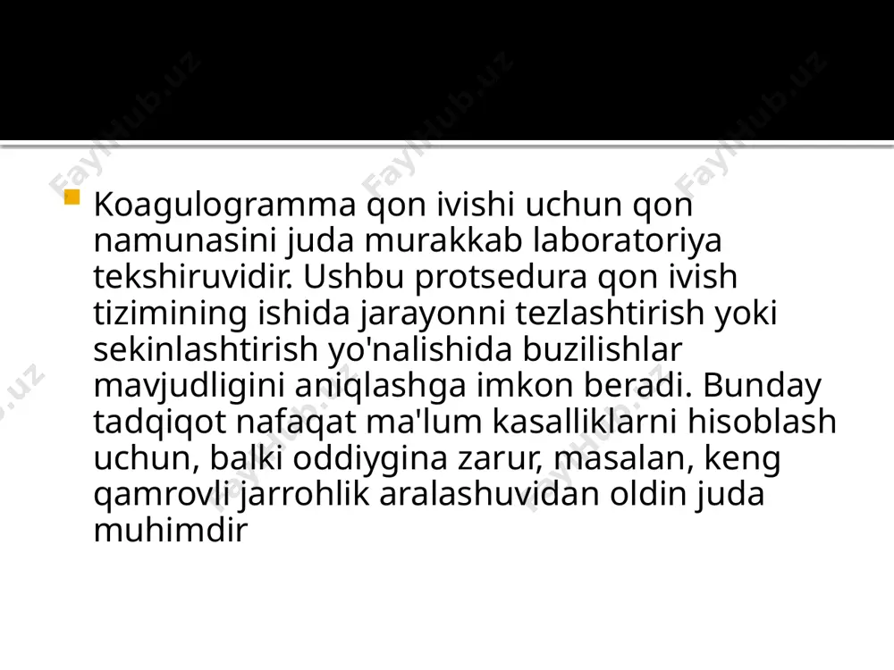 siy yoki qo'shimcha, qo'shimcha ravishda batafsil bo'lishi mumkin. fibrinogen. bu qon koagulyatsiyasi testida asosiy va eng muhim ko'rsatkichdir. protrombin indeksi pti, inr ning xalqaro normalangan nisbati, ptt protrombin vaqti. oddiy sharoitlarda ushbu uch turdagi namunalardan biri amalga oshiriladi, ko'pincha bu eng informatsion va ko'p qirrali tahlil sifatida inr hisoblanadi. ushbu tadqiqotlarning barchasi qon ivishining tashqi yo'liga qaratilgan. trombin vaqti. faollashtirilgan qisman tromboplastin vaqti aptt. qo'shimcha koagulyatsiya ko'rsatkichlari: antitrombin. muhim ko'rsatkich normal ishlash antikoagulyatsion tizimlar. protein c. ushbu moddaning etishmasligi trombozga olib kelishi mumkin. lupus antikoagulyant. otoimmün muammolar mavjudligining ko'rsatkichi. d-dimer. faollashtirilgan qayta kalsifikatsiya vaqti (art). eriydigan fibrin-monomerik komplekslar (sfmk). geparinga plazma tolerantligi. koagulogramma uchun ko'rsatma koagulogramma me'yorlari uchun test turli hollarda belgilanadi, bemorning ahvolini tashxislash va operatsiya vaqtida yuzaga kelishi mumkin bo'lgan xavflarni baholash kerak. bu nafaqat bemorlar uchun amalga oshiriladi - barcha homilador ayollar trimestrda bir marta bunday tahlil uchun yo'llanma olishadi va agar ayol allaqachon homilador bo'lgan bo'lsa …