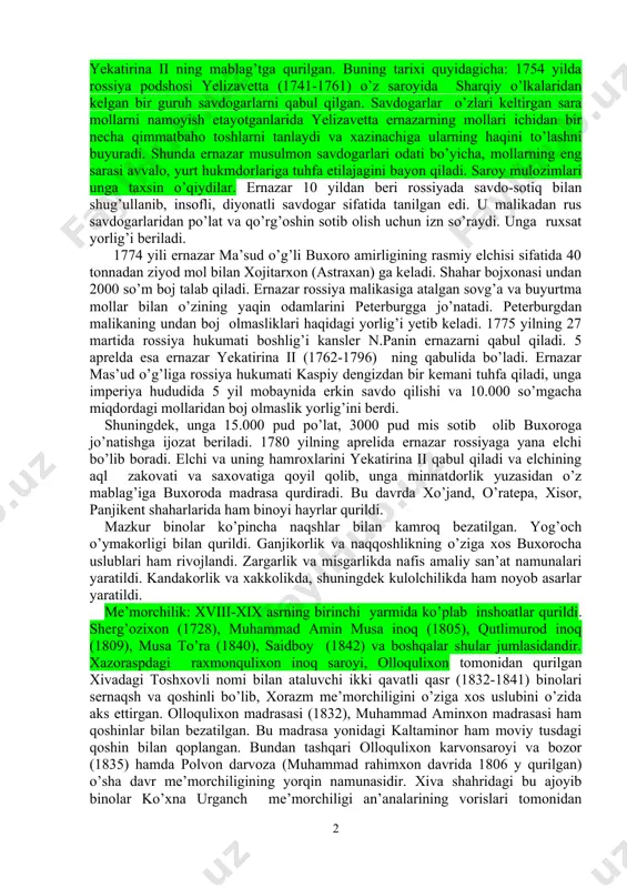 davlatlari tarixini yaratgan hukmdorlar ham bo’lgan. masalan, buxoro hukmdorlari shayboniyxon, ubaydullaxon, abdullaxon ii, subhonqulixonlar xiva xoni abdulazizxon qo’qon xoni umarxon shular jumlasidandir. uchala xonlik ma’naviy hayotda birlashtirib turgan kuch o’zbek tili bo’ldi. ayni paytda davlat idora ishlarida fors tili ham qo’llanilgan. ijtimoiy hayotda o’zbek va fors tillari qo’llanilgan. an’anaga ko’ra esa fanda va maktabda arab tili muhim o’rin tutgan. madrasalar uch (boshlang’ich, o’rta va yuqori) bosqichli bo’lib, ularda arab, fors va o’zbek tili mukammal o’rgatilgan. shuningdek, fiqh, xisob, xandasa, astranomiya, axloq, falsafa, mantiq, adabiyot, geografiya, tarix, tabobat o’qitilgan. mamlakatdagi siyosiy parokandalik va o’zaro urushlar, jung’orlar xuruji salbiy ta’sir ko’rsatdi. shuning uchun ham bu davr madaniyati shukuhi ancha past darajada bo’ldi. chorminor nomi bilan mashhur halifa niyozquli madrasasi binosi (1807 y qurib tamomlagan) halifa xudoydod imoratlari silsilasi, ya’ni madrasa, masjid, maqbara va sardobasi (1777-1855 yil) me’moriy uslubining soddaligi va kamharj qurilgani bilan ajralib turadi. 1796 yilda bunyod etilgan ernazar elchi madrasasi, …