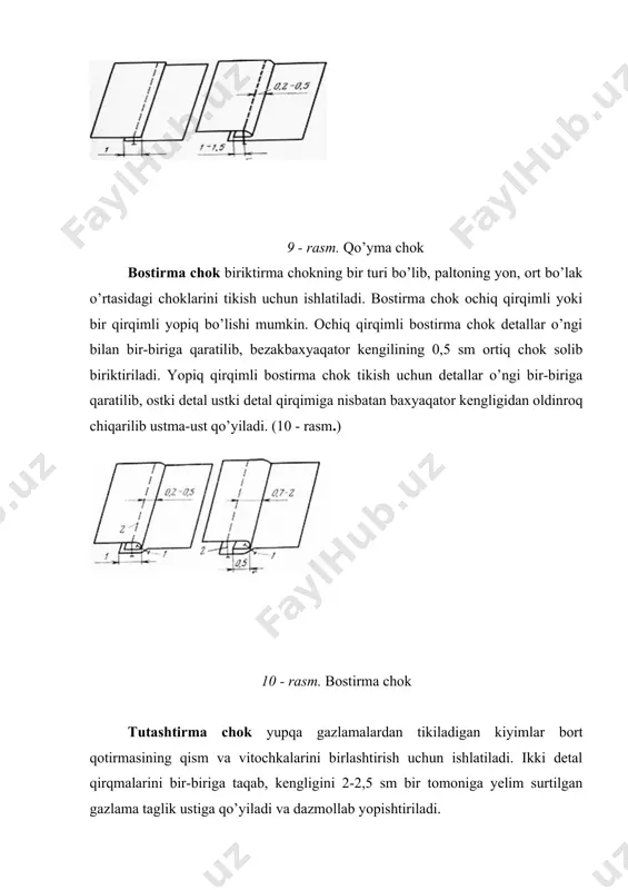 niversal mashinada bostirilib tikiladi. mag’iz qirqimli bukma chok ust kiyimlarni tikishda, yupqa palto etaklari kabilarni tikishda ishlatiladi. bunda asosiy detalning o’ngiga tasma qo’yib yoki maxsus gazlama parchalaridan mag’iz qo’yib 0,3-0,4 sm kenglikda ulanadi. 14 - rasm. bukma chok turlari mag’iz chok ochiq qirqimli va tasmali bo’ladi. ochiq qirqimli mag’iz chok adip ichki qirqimlariga, kiyim etaklariga, mag’iz qo’yish, kiyimlarni bezash, astarsiz kiyimlar qirqimlarini mag’izlash uchun ishlatiladi. ochiq qirqimli mag’iz chok tikilayotganda, mag’izga ishlatiladigan gazlamadan o’rish ipiga yoki arqoq ipiga nisbatan 45gradus burchak hosil qilib, qirqib olingan parchaning o’ng tomoni asosiy detalning o’ngiga qaratib qo’yiladi, detal qirqimidan 0,3-0,4 sm kenglikdagi chok bilan ulanadi. yopiq qirqimli mag’iz chok ayollar kuylaklari va ich kiiymlar detallariga, yoqa o’mizlariga mag’iz qo’yish uchun ishlatiladi. 15 - rasm. mag’iz chok turlari ag’darma chok kantli, ramkali, qaytarma kantli bo’ladi. ag’darma chok biriktirma chokning bir turi bo’lib cho’ntak qopqoqlarini, yoqalarni, bortni izma kabi detal chetini tikishda ishlatiladi. kantli ag’darma chokda …