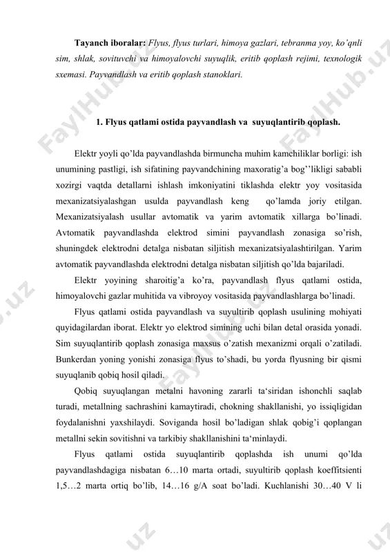 qatlami ostida suyuqlantirib qoplashda ish unumi qo’lda payvandlashdagiga nisbatan 6…10 marta ortadi, suyultirib qoplash koeffitsienti 1,5…2 marta ortiq bo’lib, 14…16 g/a soat bo’ladi. kuchlanishi 30…40 v li o’zgarmas tok ishlatiladi. yoyning ko’rinmasligi va flyusning juda ko’p sarflanishi hamda qimmatligi bu usulning kamchiligidir. suyuqlantirib qoplashning yaxshi sifatli bo’lishi ishlatiladigan flyusga ham bog’’liq bo’ladi. avtomatik suyuqlantirib qoplashda suyuqlantirilgan va suyuqlantirilmagan keramik flyuslar, shuningdek flyus-aralashmalar ishlatiladi. detallarni flyus qatlami ostida suyuqlantirib qoplashning to’g’ri tanlangan rejimi, suyuqlantirib qoplangan qatlamni yeyilishga chidamli va sifatli chiqishini ta‘minlaydi. flyus ostida suyuqlantirib qoplash rejimiga quyidagi parametrlar kiradi: tok kuchi va turi; elektr yoyining kuchlanishi, suyuqlantirib qoplash tezligi, elektrod simining o’zatish tezligi, suyuqlantirib qoplash qadami, elektrodning chiqib turish o’zunligi (qo’lochi), elektrodning zonitga nisbatan siljishi, mundshto’qning qiyalik burchagi, detalning aylanish chastotasi va boshqalar. qoplanadigan qatlamda zarur bo’lgan qattiqlikni olish uchun, birinchi navbatda elektrod simi va flyusning markasini to’g’ri tanlash lozim. jadval 3.1. stlindir detallar uchun, elektrod simi materiali va flyus …