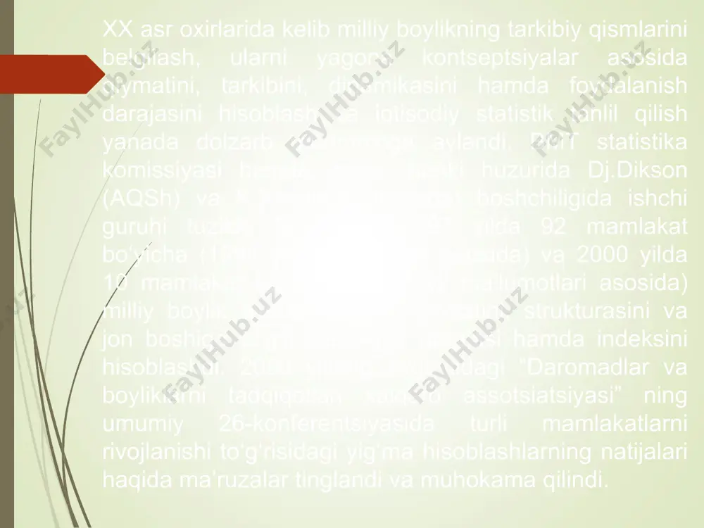 sial iqtisodiy samara keltiruvchi ishlab chiqarish va noishlab chiqarish obyektlari kiradi. ularning tashkil topish jarayoniga qarab ishlab chiqarilgan va ishlab chiqarilmagan guruhlarga bo‘linadi 2. iqtisodiy aktivlar ishlab chiqarilgan nomoliyaviy aktivlar ishlab chiqarish jarayonida vujudga keladi va uch asosiy elementni, asosiy fondlar (asosiy kapital), moddiy aylanma mablag‘lar zaxirasi va qimmatbaho boyliklarni o‘z ichiga oladi. asosiy fondlar (asosiy kapital) mahsulot ishlab chiqarish, bozor va nobozor xizmatlari ko‘rsatishda ishtirok etuvchi hamda uzoq davr mobaynida foydalanishga mo‘ljallangan aktivlarda o‘z aksini topadi. moddiy asosiy kapitali guruhi ishlab chiqarish va yashash binolari, inshootlar, mashina va jihozlar, shuningdek, o‘stiriladigan aktivlardan iborat. milliy boylikning mazkur omiliga uy xo‘jaliklari tomonidan oxirgi iste’mol uchun xarid qilingan mashina va jihozlar hisobga olinmaydi. (masalan: avtomobillar, muzlatgichlar, televizorlar va shunga o‘xshash vositalar). bunday omillar “uzoq muddatda foydalanishga mo‘ljallangan iste’mol tovarlari” guruhi orqali hisobga olinadi. biroq, bunday jihozlar ishlab chiqarish jarayonida foydalanilsa, ular asosiy kapital jumlasiga kiritiladi, o‘stiriladigan aktivlar qishloq xo‘jaligida moddiy aylanma mablag‘lar …