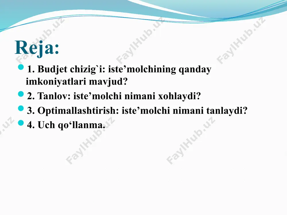 masligi mumkin. ikkinchi qatorda boshqacha variant: 90 ta pitsa va 50 dona pepsi, va hokazo. har bir chiqim summasi 1000$ni tashkil etadi. birinchi jadvaldagi grafik iste’molchi tanlashi mumkin bo‘lgan “to‘plam”larga misol bo‘ladi. vertical chiziq pepsining miqdorini o‘lchasa, gorizontali esa pitsaning donasini ifodalamoqda. grafikda uchta nuqta keltirilgan. a nuqtada, iste’molchi faqat 100 ta pitsa oladi, ammo pepsi olmaydi, b nuqtada u pitsa xarid qilmaydi, lekin, 500 ta pepsi sotib oladi, a va b nuqtalarining o‘rtasi bo‘lmish c nuqtada iste’molchi har ikkalasigayam teng ravishda 500 $ dan pul sarflashi tasvirlangan. bunda u 50 ta pitsa va 250 ta pepsi iste’mol qila oladi. yuqorida aytib o‘tilganlar ko‘plab kombinatsiyalardan uchtasi edi, xolos. a nuqtadan b nuqtagacha bo‘lgan har bir variant bizga to‘g‘ri kela oladi. xarajatlar sig`imii deb ataluvchi ushbu chiziq bizga iste’molchining qurbi yetadigan iste’mol “guruh”larini ko‘rsatib beradi. shu bilan iste’molchi xarid qilishi mumkin bo‘lgan pepsi va pitsa miqdorlarini jadvallar yordamida o‘rganib chiqdik. budjet …