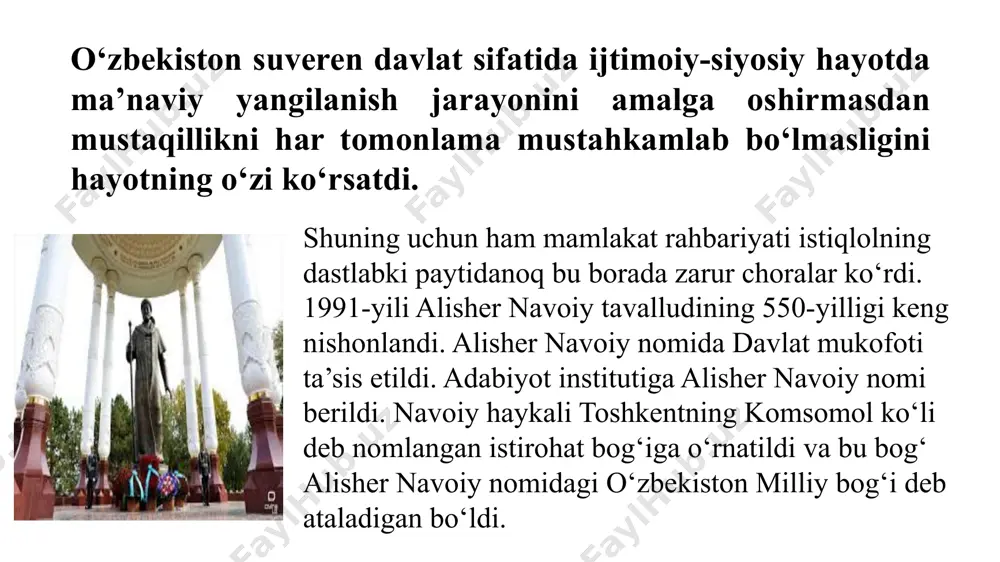 ing 1200 yilligi, mahmud zamaxshariyning 920 yilligi, najmiddin kubroning 850 yilligi, bahouddin naqshbandiyning 675 yilligi, xoja ahror valiyning 600 yilligi va boshqa allomalarning yubileylari keng nishonlandi. 1993-yil toshkentda, 1996-yil samarqand va shahrisabzda amir temur haykali ochildi. shu yili samarqand va shahrisabz shaharlari «amir temur» ordeni bilan mukofotlandi. yodda tuting milliy urf-odatlar, qadriyatlar va an’analarning tiklanishi. istiqlol sharofati bilan xalqimizning milliy-ma’naviy merosini tiklash va yangilash hamda xalqimiz ongiga yetkazish va turmushiga singdirish muhim vazifalardan biri sifatida kun tartibiga qo‘yildi. yodda tuting! o‘zbekistonda rasman 3 ta xotira kuni mavjud: 1) 1999-yildan boshlab 9 may – «xotira va qadrlash kuni 2) 2001-yildan e’tiboran 31-avgust – «qatag‘on qurbonlarini yod etish kuni»; 3) 2017-yildan boshlab 2-sentabr – o‘zbekiston respublikasining birinchi prezidenti islom karimov xotirasi kuni. xalqimizning azaliy qadriyati, sevimli bayrami hisoblanmish “navro‘z” bayramining xalqimizga qaytib berilishi mamlakat tarixida katta voqea bo‘ldi. 1991-yildan boshlab mamlakatda prezident farmoniga ko‘ra, 21-mart – navro‘z umumxalq bayrami sifatida nishonlanadigan bo‘ldi. …