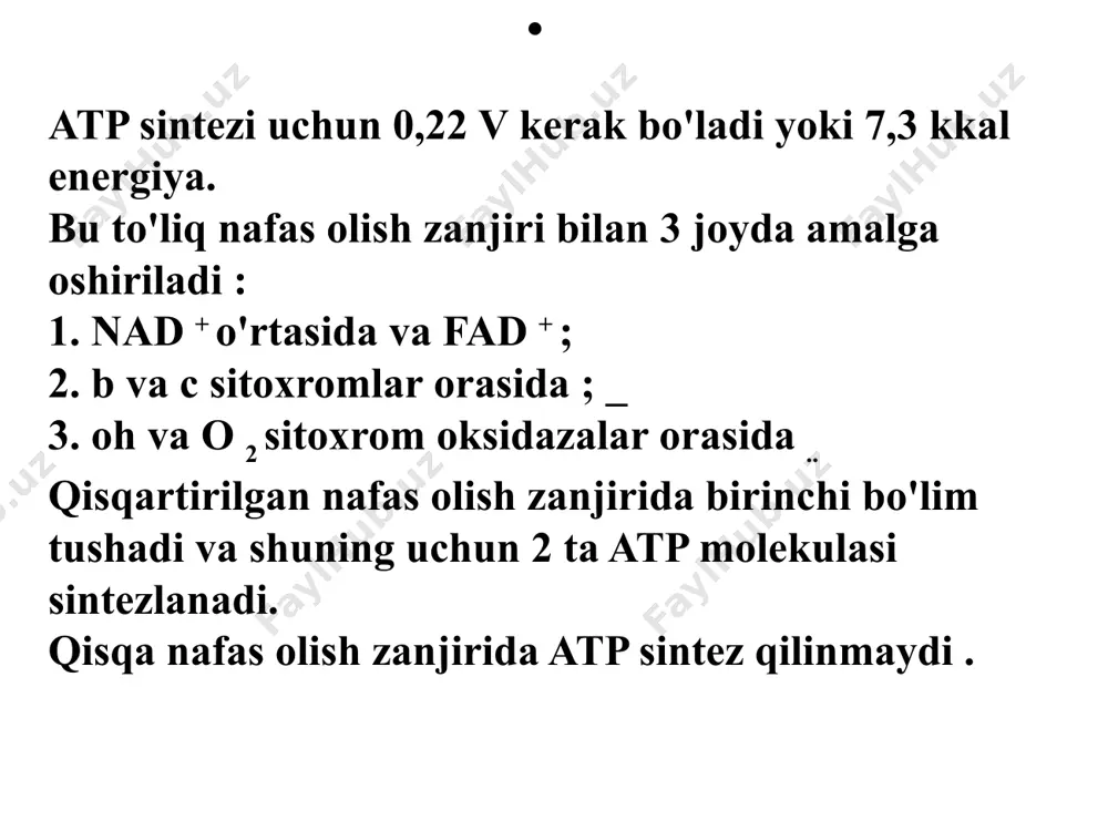 adi . 2. sitoxrom a p -450 tarkibidagi temir qayta tiklanmoqda . bu reaktsiya nadph reduktaza fermenti ishtirokida davom etadi , bu ferment-substrat kompleksiga bitta kislorod atomini qo'shadi . 3. yana bir kislorod atomi suv molekulasini hosil qilishda ishtirok etadi . p-450 sitoxromining bir qismi bo'lgan temirga aylanadi fe3 + . 4. oksidlangan substratning eruvchanligi oshadi va uning metabolizmi osonlashadi . oksidlangan substrat sitoxromdan ajratiladi. oxirgi boshqa substrat bilan o'zaro ta'sir qiladi p - 450 sitoxromining katalitik faolligi 3 usul bilan tartibga solinadi : 1. substratning yaqinligini o'zgartiradigan intramolekulyar o'zgarishlar . 2. sitokrom a p-450 va reduktazadagi molekulalararo o'zgarishlar . 3. p - 450 sitoxromining sintezini induktsiya qilish orqali . o'zaro ta'sirning uchinchi turi tibbiyotda keng qo'llaniladi ( fenobarbital, zixorin, benzonal ) . katabolizmning umumiy yo'llari piruvatdehidrogenaza kompleksining tarkibi piruvat dehidrogenaza kompleksi 3 ta fermentdan va 5 ta koenzim. molekulyar og'irligi 9-10 6 kompleks 30 ta tetramer molekulasi, 60 ta …