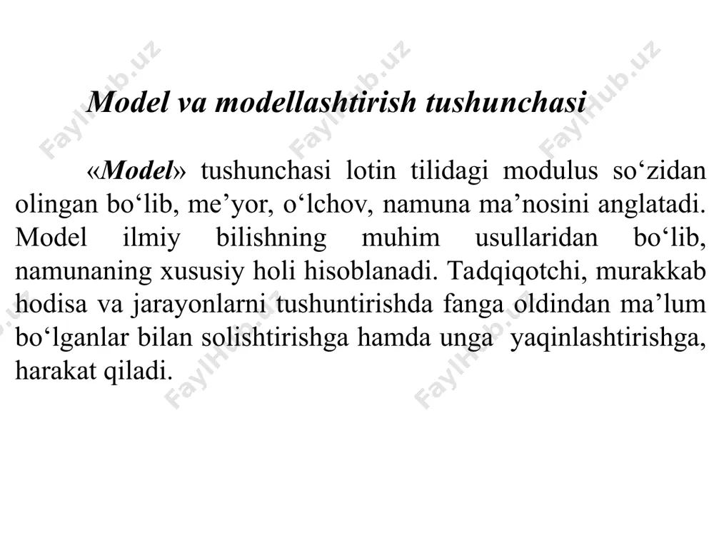 eng muhim tomonlarini aks ettiradi; -modelni o‘rganish paytida uni o‘rganilayotgan ob’ekt, hodisa va jarayonga o‘xshatish (almashtirish) mumkin; -ular nafaqat modellashtirilayotgan ob’ekt to‘g‘risida, balkim uning o‘zgartirilayotgan shartlar asosida taxmin qilinayotgan hulq-atvori to‘g‘risida ham axborot berishi mumkin. shunday qilib, model asosan originalni o‘rganish uchun xizmat qiladi. tadqiqotchi, o‘zining oldiga, modelni tuzish jarayonida, modelning xaraktekrini aniqlaydigan aniq maqsad qo‘yadi. modellashtirish deganda o‘rganilayogan ob’ekt, hodisa yoki jarayonning modelini tuzish tushuniladi. 2. yer tuzishda ishlatiladigan modellar va ularning turlari ma’lumki, barcha yer tuzish masalalari ko‘p variantli alternativ xarakterga ega bo‘lib, asosiy masala berilgan kriteriya asosida mumkin bo‘lgan bir necha variantlar ichidan optimalini tanlashdan iboratdir. buning matematik ma’nosi u yoki bu funksiyaning maksimum yoki minimum qiymatini qidirish, ya’ni masalani ekstremumga echishdan iboratdir. bu holatda matematik programmalashtirish deb ataladigan usullar ishlatilib, bu usullar injenerlik va iqtisodiy masalalarni yechishda keng qo‘llanilib kelinayapti. «programmalashtirish» atamasi ketma-ket yaqinlashish algoritmidan foydalanishni ko‘rsatadi. obyekt matematik ifodasining tarkibi obyektni matematik ifodalashning tarkibida quyidagilar …
