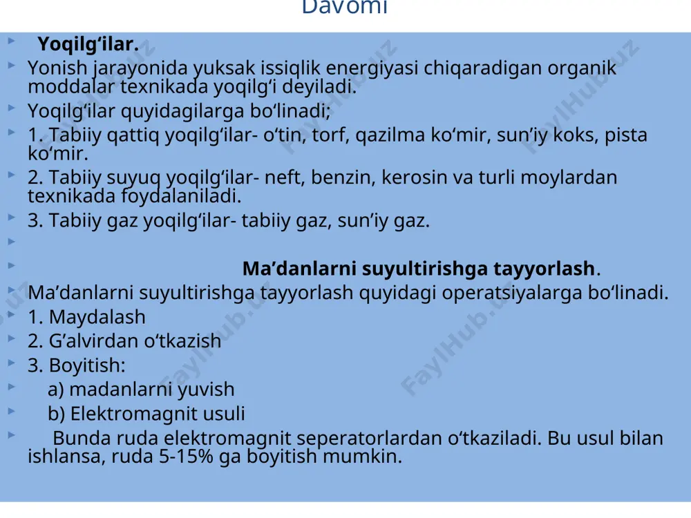 dligi 11m, diametri 10m bo‘lgan konvertorlarining ish unumi yuqori (400t). konvertorning tuzilishi quyidagicha: jarayon quyidagidan iborat: avval metall pechlari (ba’zan temir rudasi) solinadi, so‘ngra suyuq cho‘yan quyiladi, konvertor vertikal holatga o‘tkaziladi va cho‘yan, hamda rudadagi fosforni yo‘qotish uchun oxaktosh qo‘yiladi. suv bilan sovutilgan furma pastga tushiriladi va kislorod xaydaladi, cho‘yan aralashmalari shiddat bilan oksidlana boshlaydi. 2fe + o2 = 2feo + o si + o2 =sio2 + q mn + feo = fe + mno + q 2p + 5feo = 5fe + p2o5 + q 2c + o = 2co rokvell asbobining umumiy ko`rinishi. 1-konvertor devori; 2-po‘lat qobiq; 3-kislorod kanali; 4- bo‘g‘iz; 5-kislorod oqimi davomi jarayon normal kechishi uchun issiqlik konvertorda yetarli 15-20 minut nurlangach, konvertor og‘diriladi va undan metall namuna olinadi, so‘ngra shlak chiqarib tashlanadi va konvertor qaytadan vertikal holatga keltiriladi va nurlash davom ettiriladi. konvertordagi temperatura 2000-2500oc ga ko‘tariladi. suyultirish 50-60 minut davom etadi. kislorodli konvertorda jarayonni …