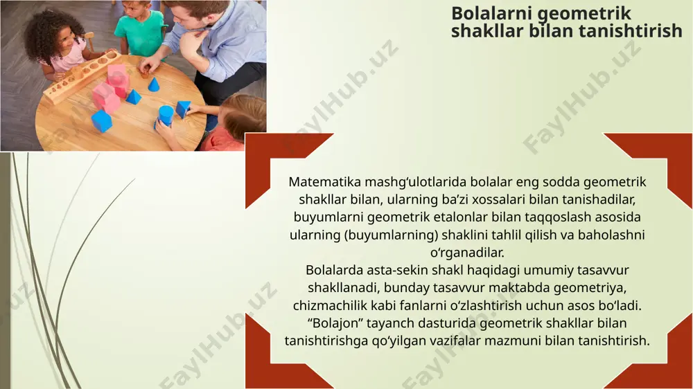 salar yasashni o‘rgatish. katta guruh geometrik shakllar. shakllar har xil o‘lchamda bo‘lishi mumkinligi haqida tasavvur hosil qilish (katta doira - kichik doira, katta kvadrat – kichik kvadrat). shakllar va uning ayrim belgilari haqida tasavvur hosil qilish: masalan, to‘rtburchakning 4 ta burchagi va 4 ta tomoni (to‘rtburchakning turli ko‘rinishlari misolida) bor. bolalarning shar, kub, silindrlar haqidagi tasavvurlarini mustahkamlash va ular yordamida turli mavzularda loyihalar yaratish. doira va oval shaklini farqlashga doir turli mashqlarni bajartirish. qurshab turgan narsalar orasidan tanish bo‘lgan geometrik shakllarni topa olishga o‘rgatish: masalan, lagan, non doiraga o‘xshaydi; stolning usti, devor, eshik va derazalar to‘rtburchakka, ro‘molcha kvadratga, qizchalar boshidagi ro‘mol uchburchakka, stakan silindrga o‘xshaydi va hakozo. uchburchak va to‘rtburchaklardan turlicha katta o‘lchamdagi narsalar va shakllar tuzish. turli geometrik shakllar to‘plamidan har xil o‘yinlar o‘ynash, maxsus shakllar to‘plamidan foydalanib, namunadagi narsalarni yasashni o‘rgatish. tayoqchalardan to‘g‘ri to‘rtburchak, kvadrat, uchburchak yasashga, bu shakllardan foydalanib turli narsalar yasashga o‘rgatish. tayoqchalardan hosil bo‘lgan geometrik …