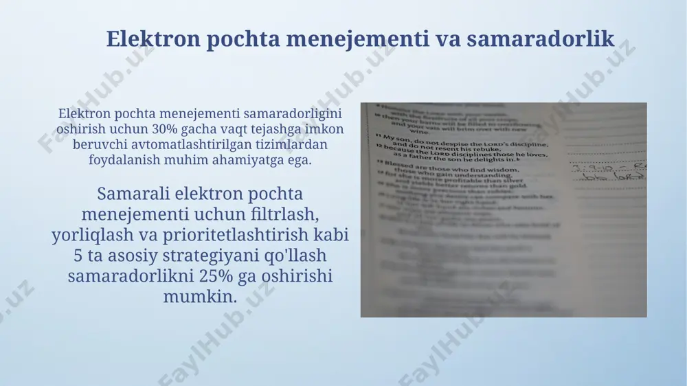 bilan bog'liq muammolar va ularning yechimlari katta hajmdagi fayllarni yuborishda 5mb dan katta fayllarni siqish yoki bulut xizmatlaridan foydalanish kerak, bu esa elektron pochta tizimlarining yuklanishini kamaytiradi. elektron pochta hisob qaydnomalarining 15% ga yaqini firibgarlik va phising hujumlariga duch keladi, shuning uchun ikki faktorli autentifikatsiya va kuchli parollardan foydalanish muhimdir. elektron pochta bilan ishlashning asosiy tamoyillari elektron pochtangizga 24 soat ichida javob berishga harakat qiling, bu biznes aloqalaringizni mustahkamlaydi va mijozlarning qoniqishini oshiradi. elektron pochta xabarlarini 7 kundan ortiq saqlashdan saqlaning, chunki bu arxivlash va qidiruv samaradorligini pasaytiradi va 500 mb dan ortiq fayllarni biriktirmaslik kerak. elektron pochta arxivi va qidiruv tizimlari zamonaviy elektron pochta qidiruv tizimlari boolean operatorlari (and, or, not) va yulduzcha () kabi wildcards dan foydalanib, murakkab so'rovlarni amalga oshirish imkonini beradi. elektron pochta arxivi hajmi 10 gb dan oshganda, samarali qidiruv uchun maxsus indekslash tizimlaridan foydalanish tavsiya etiladi, bu esa qidiruv tezligini 5-10 marta oshirishi mumkin. …