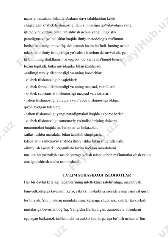 da ―fanga iste’dodli yoshlarning kirib kelishini ta’minlash uchun kompleks tadbirlar turkumini amalga oshirish zarur. bu borada oliy maktabning, hatto o’rta ta’lim maktablarining faoliyatini tubdan qayta qurish kerak...‖ degan edi. mustaqilligimiz me’mori o’sha vaqtlardanoq amaldagi sobiq sho’rolar ta’lim tizimi talabga mutlaqo javob bermayotgani, respublikamiz dadil oyoqqa turib olmog’i uchun unga malakali kadrlar va bunday kadrlarni tayyorlashni o’z oldiga maqsad qilib qo’ygan dastur zarurligini ko’p bor ta’kidlar edi.bu borada mustaqillik yillarida o’zbekistonda muayyan ishlar amalga oshirildi. o’zbekiston respublikasi prezidenti islomkarimov ta’kidla- ganidek,―tarixan o’zbekiston respublikasida shakllangan intellektual salohiyat xxi asr bo’sag’asida o’zining rivojlanish darajasi jihatidan, innovatsion kashfiyotlar, imkoniyatlari bilan hozirgi vaqtda jahondagi ko’pgina rivojlanayotgan mamlakatlardan ilgarilab ketgan‖ 2 .ilm-fanning jamiyat ijtimoiy taraqqiyotidagi o’rnini belgilar ekan, yurtboshimiz yuqoridagi fikrini davomettirib, ―har bir ilmiy yangilik, yaratilgan kashfiyot - bu yangicha fikr va dunyoqarashga turtki beradi‖, degan edi. o’zbekistonda mustaqillik yillarida ilm-fanning rivojlanishi uchun barcha shart-sharoitlar yaratildi. iqtisodiy qiyinchiliklar hamda o’tish davri muammolariga qaramasdan sovet tuzumi …