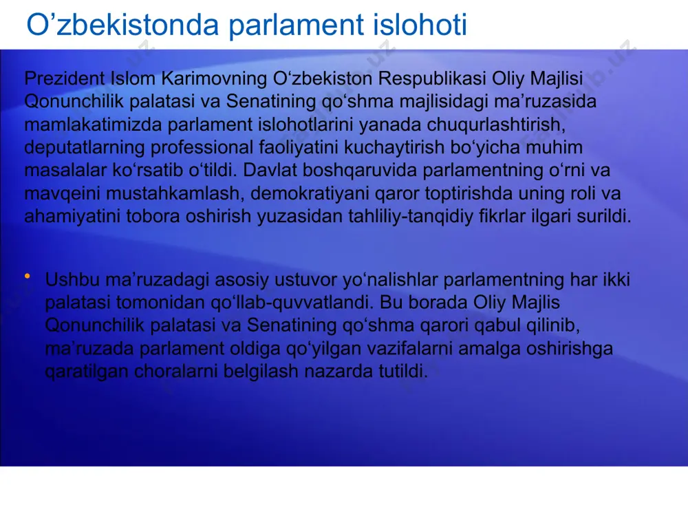 arajadagi deputatlar, partiyamiz tashkilotlari yetakchilari, faollari tomonidan chuqur o‘rganilmoqda, tegishli xulosalar chiqarib olinmoqda. ‹#› 8 на приведенном рисунке заголовки столбцов «страна», «продавец», «сумма заказа», «дата заказа» и «ид_заказа» станут именами полей. создавая отчет, вы будете знать, что, например, поле «продавец» представляет данные из столбца «продавец» в таблице на листе. обзор. превращение данных в осмысленную информацию abdug‘affor qirg‘izboyev, oliy majlis qonunchilik palatasi deputati, o‘zxdp fraksiyasi a’zosi: – qo‘shma majlisda prezidentimiz tomonidan bildirilgan fikrlarni tinglab tushundimki, parlamentdagi siyosiy partiyalar fraksiyalari o‘rtasidagi sog‘lom kurash, kuchli raqobat muvaffaqiyatlarimizga asos bo‘ladi. mamlakatimizda ko‘ppartiyaviylikning yuzaga kelishi ijtimoiy-siyosiy hayotimizdagi eng muhim voqealardan biri hisoblanadi. siyosiy partiyaning ta’sir kuchi esa ular o‘rtasidagi sog‘lom raqobatda, har bir partiya saylovoldi platformasi, dasturida belgilab olgan vazifalarini amalga oshirish uchun kurashishida, odamlarni, ayniqsa, tashabbuskor, harakatchan, izlanuvchan, zamonaviy bilimlarni chuqur egallagan kishilarni birlashtirib, o‘z ortidan ergashtira olishida ko‘rinadi. partiya bunday kishilarga o‘z iste’dodlarini namoyon etishi uchun zarur sharoitlarni yaratib berishi, g‘ayrat-shijoatlarini qo‘llab-quvvatlashi kerak. …