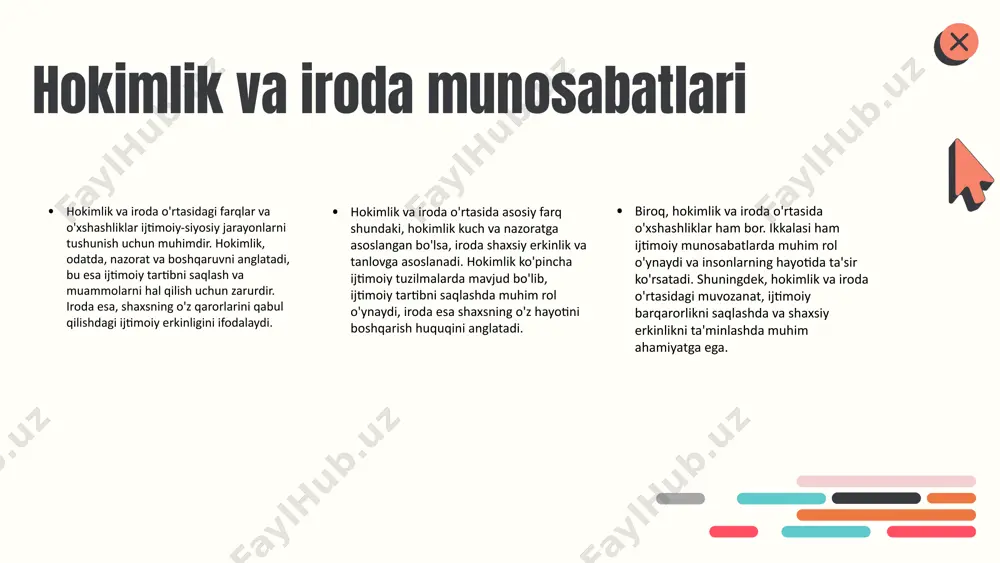 atlar bilan aloqalari, yangi iqtisodiy hamkorliklar va siyosiy tashabbuslarni rivojlantirish uchun imkoniyatlar yaratadi. bunday jarayonlar, shuningdek, ijtimoiy barqarorlik va iqtisodiy o'sish uchun zarur bo'lib, mamlakat kelajagini belgilaydi. ijtimoiy-siyosiy jarayonlar ta'siri ijtimoiy-siyosiy jarayonlar jamiyat hayotining har bir jabhasiga ta'sir ko'rsatadi. masalan, iqtisodiy o'zgarishlar, siyosiy qarorlar va madaniy tadbirlar ijtimoiy tuzilmalarga, xalq farovonligiga va ijtimoiy tenglikka qanday ta'sir qiladi. ijtimoiy-siyosiy jarayonlar, shuningdek, aholi orasida ishsizlik, tafovutlar va ijtimoiy adolatsizlik kabi muammolarni keltirib chiqarishi mumkin. statistik ma'lumotlarga ko'ra, so'nggi yillarda ijtimoiy-siyosiy jarayonlar natijasida iqtisodiy o'sish darajasi 3% ga kamaygan. o'zbekistonda 2022-yilda ijtimoiy adolatsizlik darajasi 15% ga oshgan. bular, ijtimoiy-siyosiy jarayonlarning ta'siri bilan bog'liq bo'lib, xalq hayotidagi muhim o'zgarishlarga sabab bo'lmoqda. ijtimoiy-siyosiy jarayonlar va hokimiyat ushbu slaydda ijtimoiy-siyosiy jarayonlar va hokimiyat o'rtasidagi munosabatlar chuqur tahlil qilinadi. **1. swot tahlili:** - **kuchli tomonlar:** - hukumatning ijtimoiy jihatdan barqaror siyosat yuritishi. - fuqarolar ishtirokining oshishi. - **zaif tomonlar:** - siyosiy jarayonlardagi korrupsiya va noqonuniy harakatlar. - …