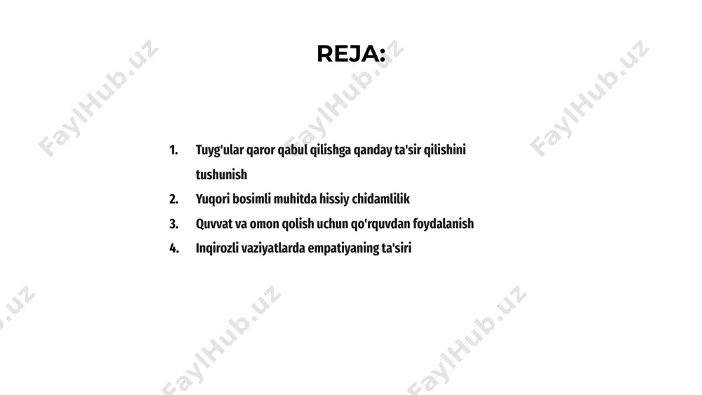 imiz mumkin. qo'rquv bizni bosib olishiga yo'l qo'ymaslik o'rniga, biz uni bizni oldinga siljitadigan va yo'limizdagi har qanday to'siqlarni engib o'tishga undaydigan harakatlantiruvchi kuch sifatida qabul qilishimiz mumkin. inqirozli vaziyatlarda empatiyaning ta'siri 01 ekstremal vaziyatlarda his-tuyg'ular qaror qabul qilish va javob berishda hal qiluvchi rol o'ynaydi. empatiya tushunish va aloqani kuchaytiradi, bu esa inqirozni yanada samarali boshqarishga olib keladi. 02 empatiya odamlarga boshqalarning his-tuyg'ulari bilan bog'lanish imkonini beradi, inqirozli vaziyatlarda birlik va qo'llab-quvvatlash tuyg'usini rivojlantiradi. ushbu hissiy rishta hamkorlik va chidamlilikni rivojlantirishi mumkin. 03 empatiyaning kuchi uning vaziyatni insoniylashtirish va rahm-shafqatli harakatlarni boshqarish qobiliyatidadir. empatik javoblar ijobiy ta'sir ko'rsatishi va inqiroz davrida qulaylik keltirishi mumkin. ekstremal sharoitlarda stress bilan kurashish 01 ekstremal vaziyatlarda his-tuyg'ular odamlarning stress bilan qanday kurashishida kuchli rol o'ynaydi. tuyg'ularni tushunish va boshqarish ekstremal sharoitlarda omon qolish va rivojlanishda sezilarli farq qilishi mumkin. 02 qo'rquv, tashvish va hatto hayajon kabi his-tuyg'ular qaror qabul qilish va ekstremal vaziyatlarda …