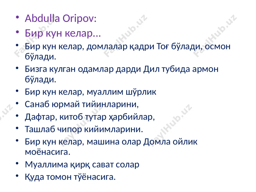 ва қадриятни, яъни устознинг инсон ҳаётидаги беқиёс ролини мустаҳкамлашга ёрдам беради, талабанинг ўз босиб ўтган ҳаётий тажрибасини фикран мустақил мушоҳада қилиш ва керакли хулосалар ясашга имкон яратади. талабаларнинг мустақил иши учун айнан ушбу мавзу танланишининг сабаби шундан иборатки, уни бажариш учун талабадан ўқитилаётган фанлар бўйича маълум билим, мустақил изланиш талаб этилади, кўчирмачилик имконияти камаяди, чунки ҳар бир инсоннинг бошқага ўхшамайдиган ўзига хос ҳаёт йўли бор. ушбу мулоҳазадан келиб чиққан ҳолда мустақил иш мавзуини - “устозим – ҳаётим чироғи” деб номладик ва уни бажариш юзасидан услубий қўлланма ишлаб чиқилди. мустақил ишни айнан ушбу мавзуда ташкил қилишдан мақсадимиз: талабаларнинг фалсафа (этика. эстетика. мантиқ) фанларидан олган назарий билимларини амалий ҳаёт билан боғлашга кўмаклашиш, ўз устозлари билан мулоқот қилишга, уларга ҳурмат эътибор кўрсатишга ва устозларнинг улар ҳаётидаги роли ҳақида фалсафий мушоҳада қилишга ундаш ҳамда талабалар онгида юксак маънавий фазилатларни шакллантириш, шунингдек жамиятимизда ўқитувчи ва мураббийларнинг ижтимоий мақомини мустаҳкамлаш ва устозларга бўлган ҳурмат-эҳтиромни ошириш. талабаларнинг …