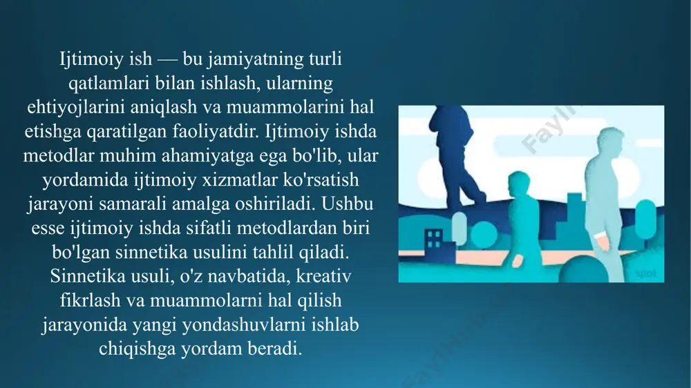 i rivojlantirish: ijtimoiy xizmatlar dasturlarini yaratishda sinnetika usuli yordamida innovatsion yondashuvlar ishlab chiqilishi mumkin. bu, ijtimoiy xizmatlarning sifatini oshirishga xizmat qiladi. 3. jamoa ishlari: jamoa ichida kreativ fikrlashni rag'batlantirish uchun sinnetika usuli qo'llanilishi mumkin. bu, jamoa a'zolari o'rtasida muloqotni kuchaytiradi va yangi g'oyalarni ishlab chiqishga yordam beradi. 4. ta'lim va o'qitish: ijtimoiy ishda ta'lim berishda sinnetika usuli qo'llanilganda, talabalarga kreativ fikrlash va muammolarni hal qilish ko'nikmalarini rivojlantirishga yordam beradi. har qanday faoliyat, shu jumladan ijtimoiy ish ham oʻziga xos tuzilishga ega boʻlib, unda har bir element uzviy bogʻlangan va boshqalar bilan oʻzaro taʼsirlashadi, oʻz vazifalarini bajaradi. ijtimoiy ish ajralmas tuzilma boʻlib, quyidagi elementlardan iborat: subyektlar; funksiyalar orqali ochiladigan tarkib; vositalar (tashkiliy-texnik, moliyaviy va boshqalar), nazorat va maqsadlar. ijtimoiy ishning kasbiy faoliyat sifatidagi maqsadi, bir tomondan, mijozning manfaatlarini qondirish boʻlsa, ikkinchi tomondan, jamiyatda barqarorlikni saqlashdir. ushbu muammoning eng maqbul yechimi bu ikki maqsad oʻrtasida murosaga erishishdir. sinektika usuli - bu turli …