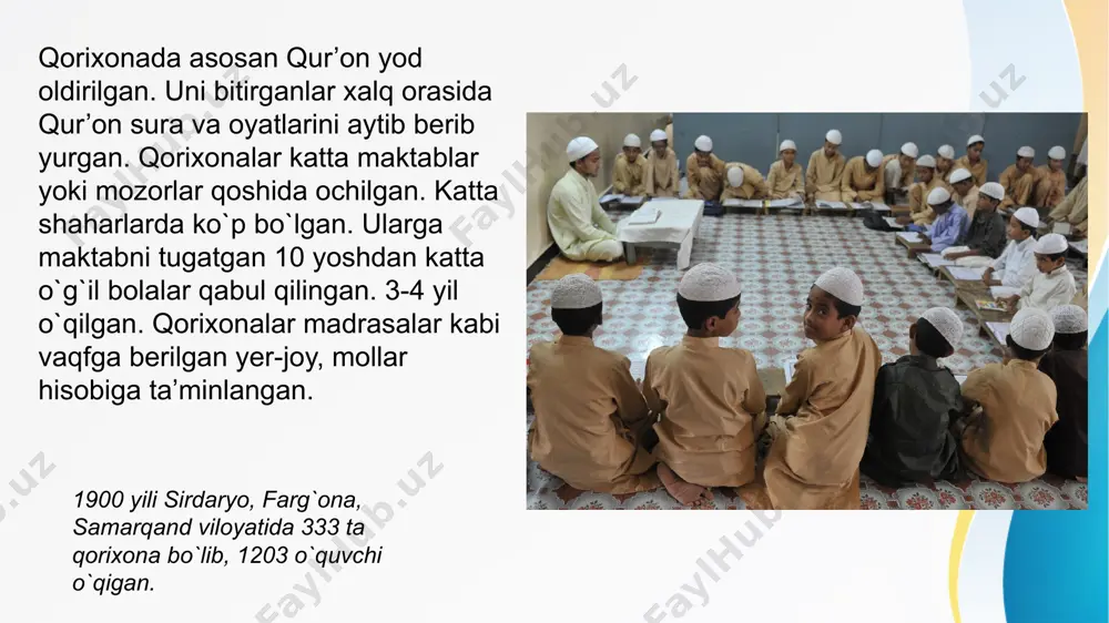 lida yozilgan bo`lib, ko`p yillar qo`llanib kelinadi. kitobning kirishida tez savod chiqarishga oid maslahat berilgan. alifbe 46 betdan iborat bo`lib, 90 ta dars uchun mo`ljallangan edi. 1907 yili shakuriyning 2-kitobi «jameul hikoyat» (hikoyalar to`plami) yoziladi. u boshlang`ich sinf 2-sinfi uchun xrestomatiya tarzida bo`ladi. shakuriy 1923 yili «pravda» gazetasi e’lon qilgan «eng yaxshi o`qituvchi» konkursining g`olibi deb topiladi. abduqodir shakuriy (1875-1943) ismatilla rahmatillayev (1883-1962) xalq ta’limi rivojiga katta hissa qo`shgan pedagoglardan biri. u ham samarqandning rajabamin qishlog`ida kambag`al oilasida tug`iladi. uning savod chiqarishi va atoqli pedagog bo`lib yetishishida shakuriylar oilasining o`rni kattadir. u eski maktabda, 1901 yildan yangi usul maktabda o`qiydi. uni tamomlab, 1905 yildan shakuriy maktabida o`qituvchi bo`lib ishlay boshlaydi. rus tuzem maktabida ham o`qiydi. shakuriy «jameul hikoyat»ini nashr etishda qatnashadi. tajriba o`rgangach, hozirgi registon ko`chasida mehnatkashlar bolalari uchun yangi maktab ochadi. 1915 yili «alifbe ta’limi» kitobini yozadi. unga ko`plab tarbiyaviy ahamiyatga ega bo`lgan hikoya va she’rlar kiritilgan. i.raxmatillayev pedagog …