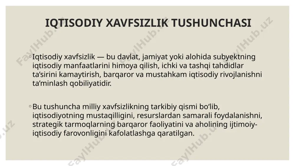 lmoqda, bu esa iqtisodiy xavfsizlikni kamaytiradi. 3. tashqi qarz va moliyaviy barqarorlik muammolari tashqi qarzning oshishi moliyaviy mustaqillikka tahdid solishi mumkin. 4. inflatsiya va pul-kredit siyosatining noaniqligi yuqumli narxlarning oshishi aholining xarid qobiliyatini pasaytiradi va iqtisodiy muvozanatni buzadi. iqtisodiy havfsizlikni ta`minlash strategiyalari 1. energiya qaramligini kamaytirish 2. geosiyosiy barqarorlikni ta'minlash 3. sanksiyalar xavfini kamaytirish 4. tashqi qarzga bog‘liqlikni kamaytirish 5. importga qaramlikni kamaytirish 6. valyuta barqarorligini ta'minlash 7. xalqaro iqtisodiy integratsiyani kuchaytirish ozarbayjon davlatining yevropa ittifoqi doirasidagi xavfsizlik kòrsatgichlari yi–ozarbayjon xavfsizlik muloqoti: 2023 va 2024 yillarda bryusselda o‘tkazilgan 4- va 5-uchrashuvlarda armaniston–ozarbayjon munosabatlarini normallashtirish, mintaqaviy xavfsizlik, kiber va gibrid tahdidlar, ekstremizm va terrorizmga qarshi kurashish kabi masalalar muhokama qilindi. yi ozarbayjonni ishonchli energetika hamkori sifatida e’tirof etdi . yi monitoring missiyasi: 2022 yilda yi armaniston–ozarbayjon chegarasida 40 nafar kuzatuvchini joylashtirdi. bu tashabbus mintaqaviy barqarorlikni ta’minlash va ishonchni mustahkamlashga qaratilgan edi . xulosa ozarbayjon va yevropa ittifoqi o‘rtasidagi xavfsizlik sohasidagi hamkorlik …
